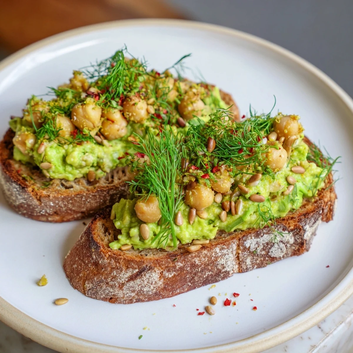 Creamy avocado toast with chickpeas and herbs, offering a colorful, flavorful, and healthy breakfast experience.
