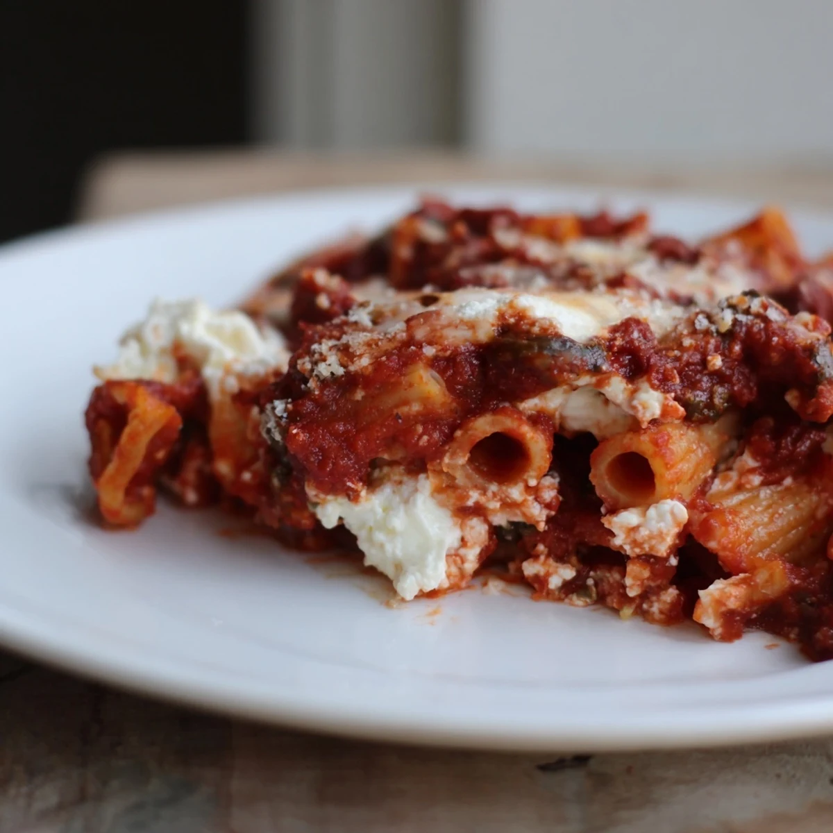 A bubbling slow cooker baked ziti, showing melted cheese and tender pasta ready to serve.
