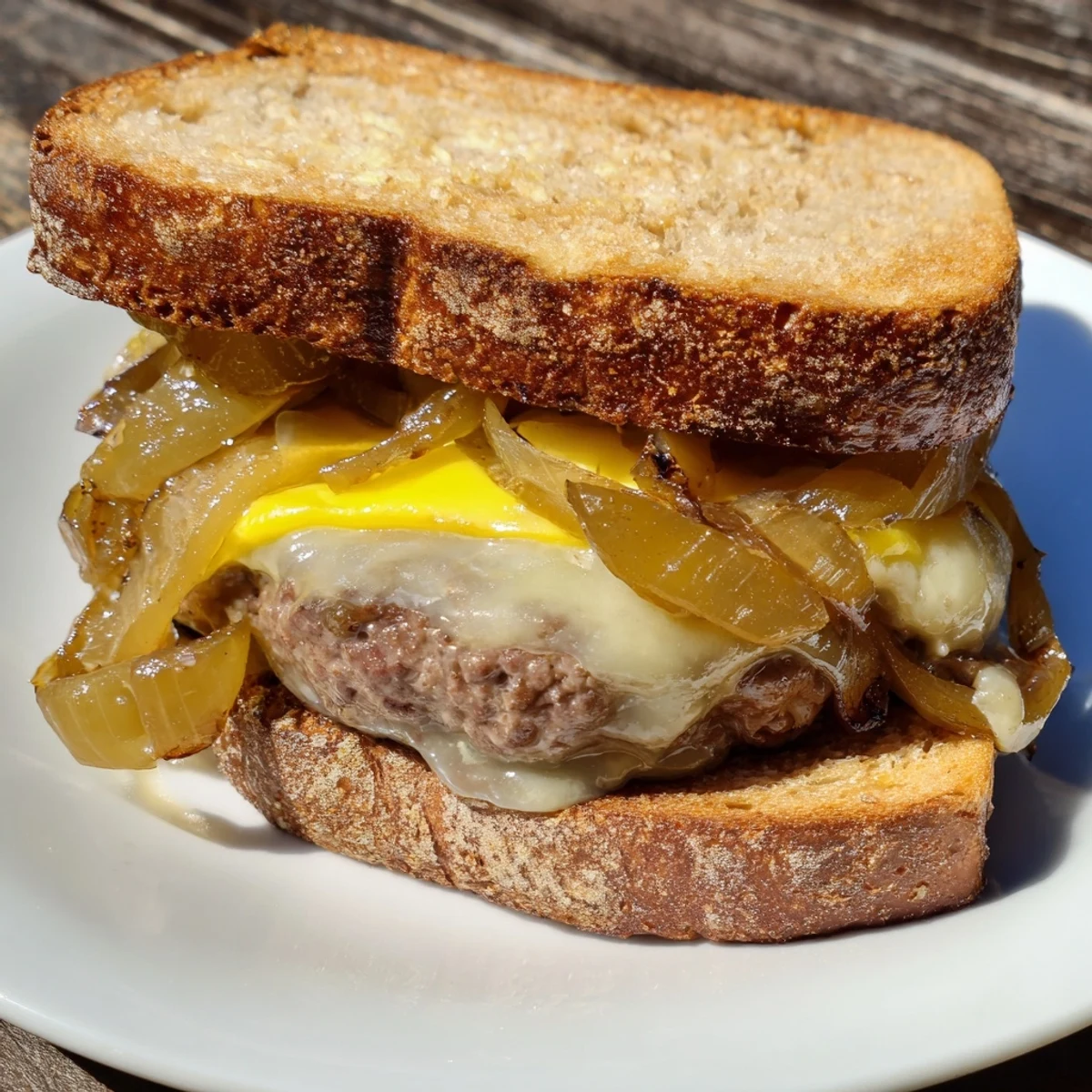 Image of a sizzling Patty Melt Skillet with melted Swiss and caramelized onions, a classic delight.