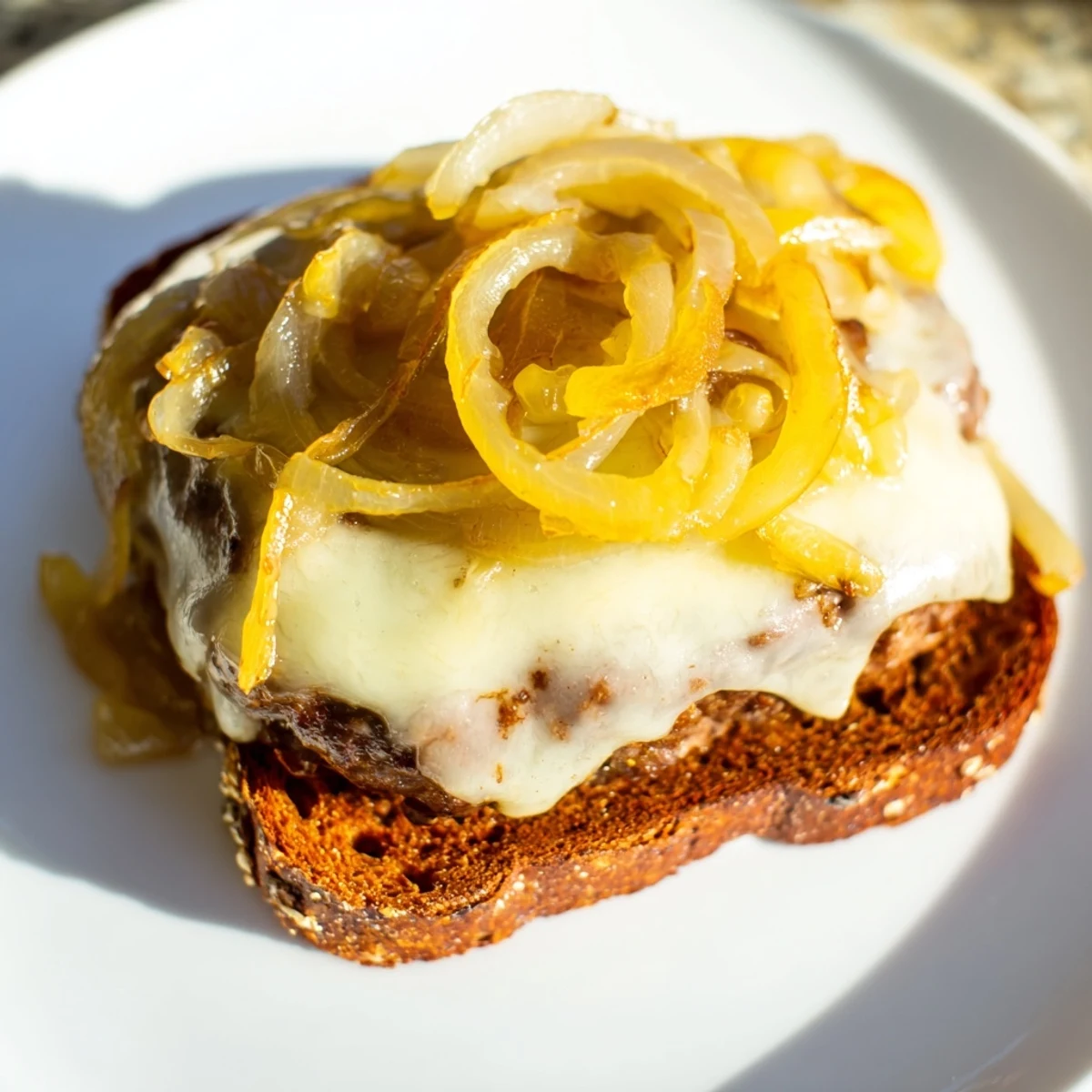 Golden-brown rye bread surrounds the savory Patty Melt Skillet, filled with beef and cheese, ready to eat.