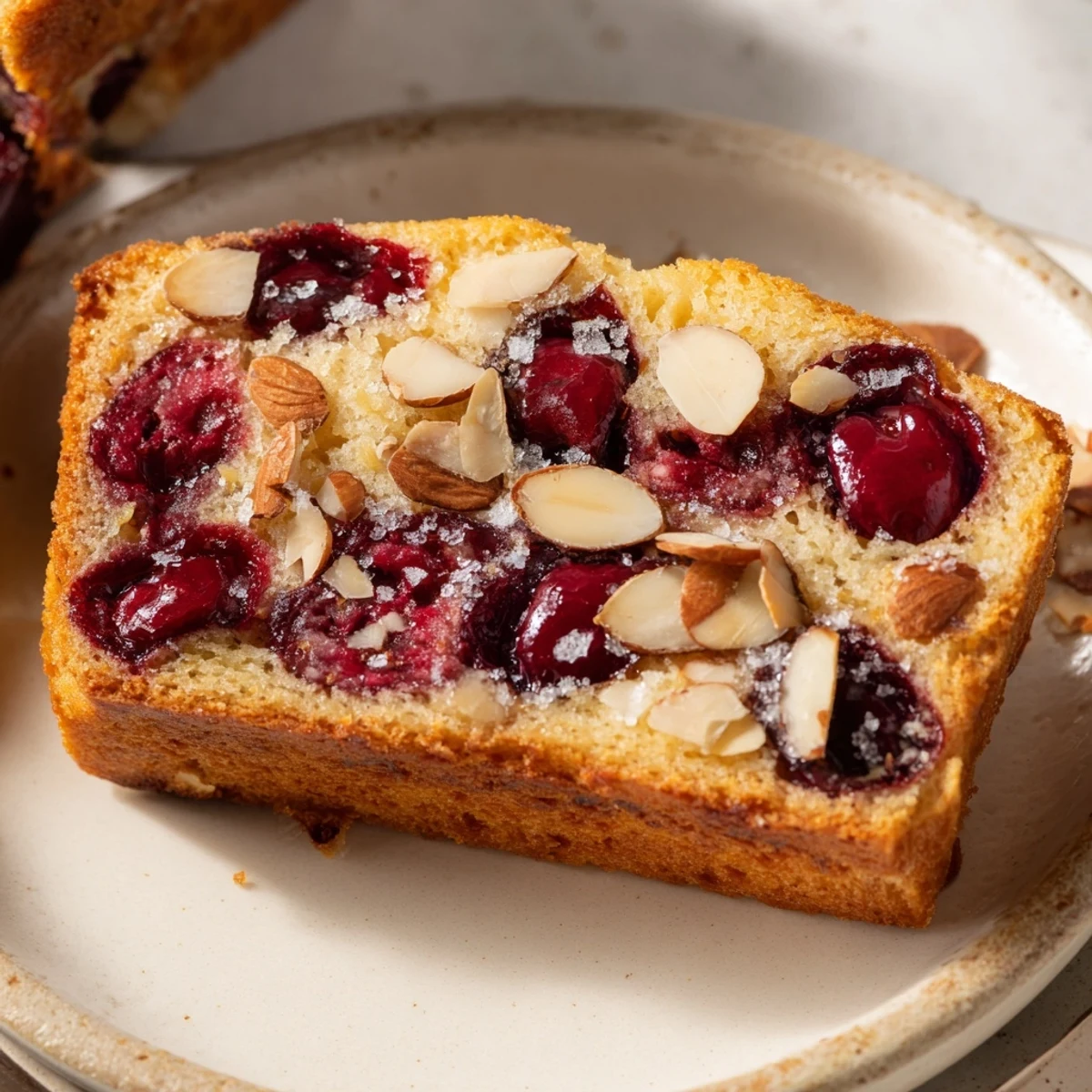 Warm, golden Cherry Almond Loaf Cake fresh from the oven, ready for slicing and enjoying.