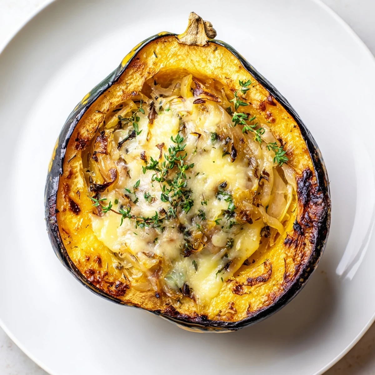 Golden Caramelized Onion Gruyere Acorn Squash, a savory vegetarian dish, shows roasted squash brimming.