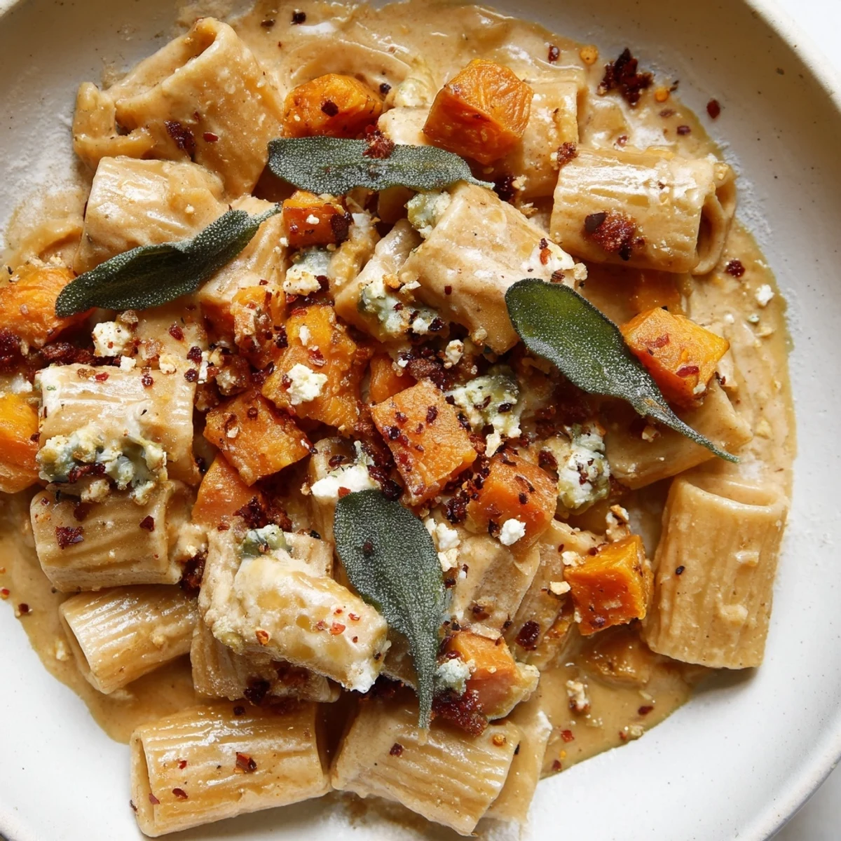 Tender pasta coated in a creamy sauce, showcasing this viral sweet potato goat cheese dish.