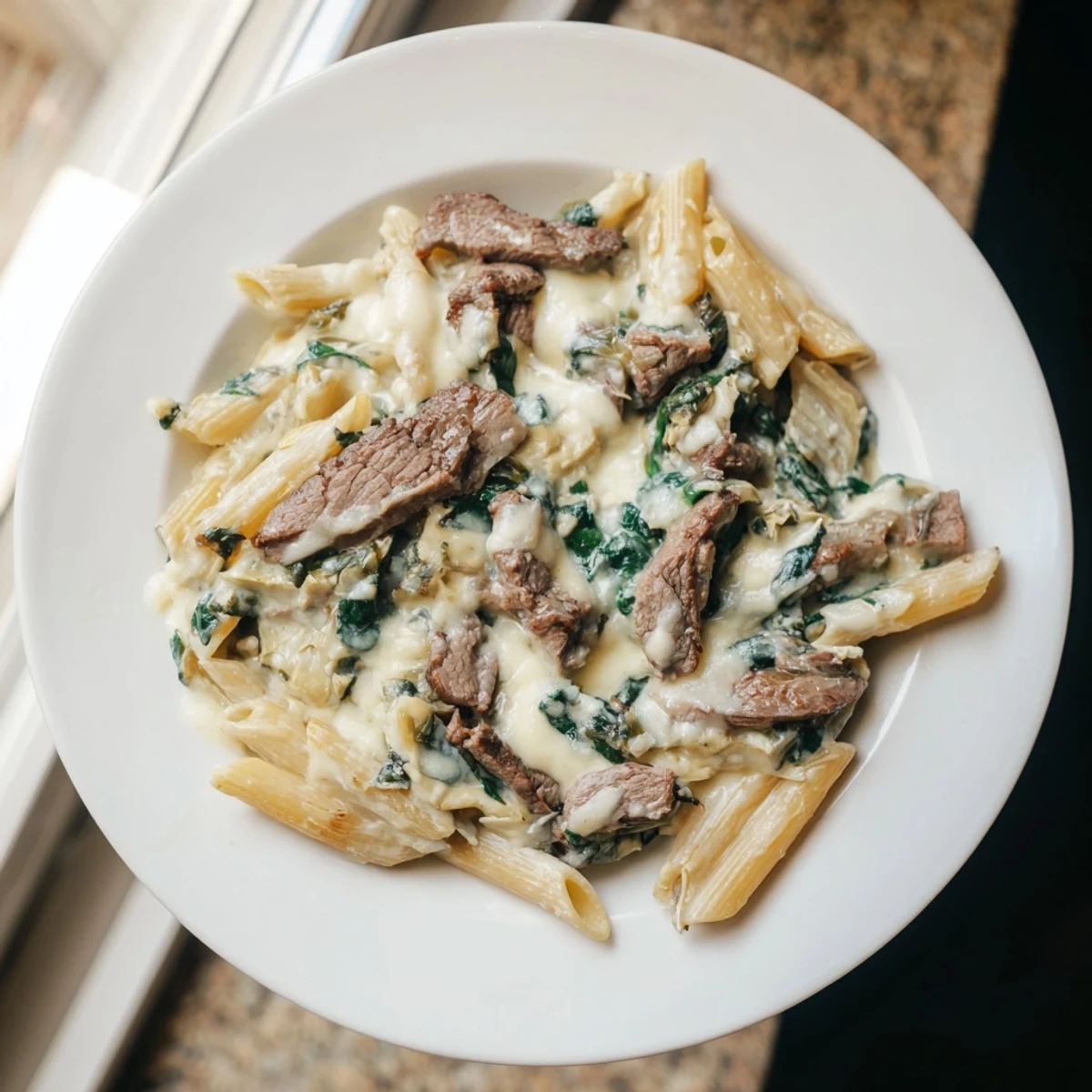 Steak & Spinach Artichoke Pasta Bake bubbling with golden mozzarella, served in a casserole dish.