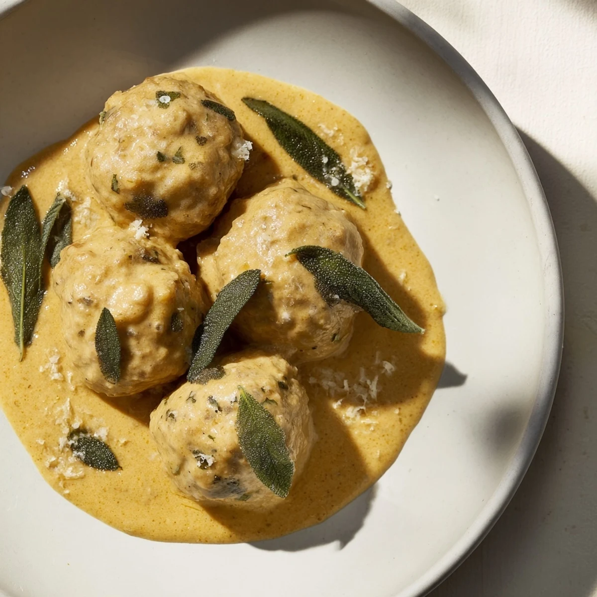 Golden Easy Turkey Meatballs in Pumpkin Sage Sauce rest in a creamy, savory pumpkin sauce, perfect for a cozy dinner.