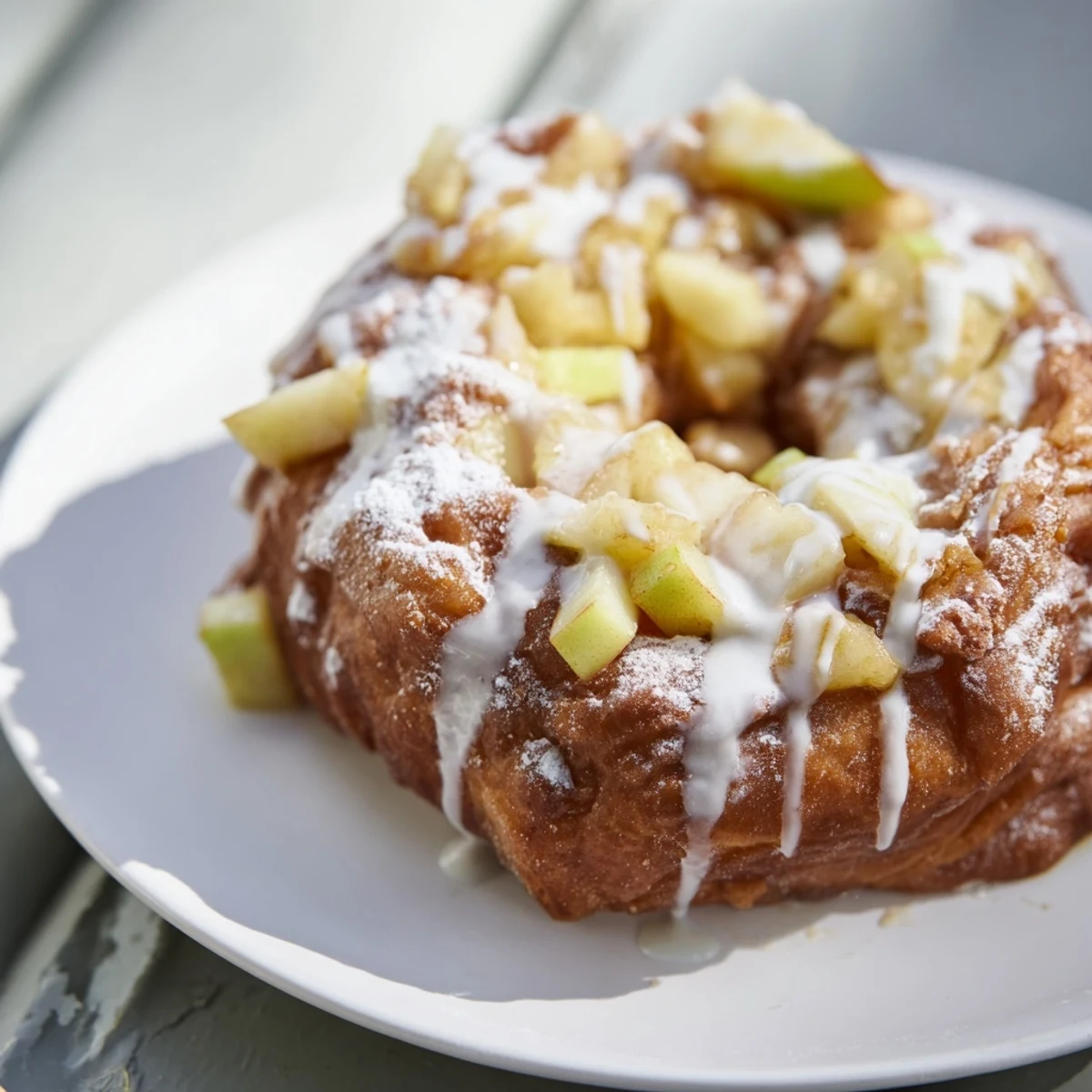 Golden-brown, crispy Homemade Apple Fritters, perfect dessert, with a light vanilla glaze dripping.