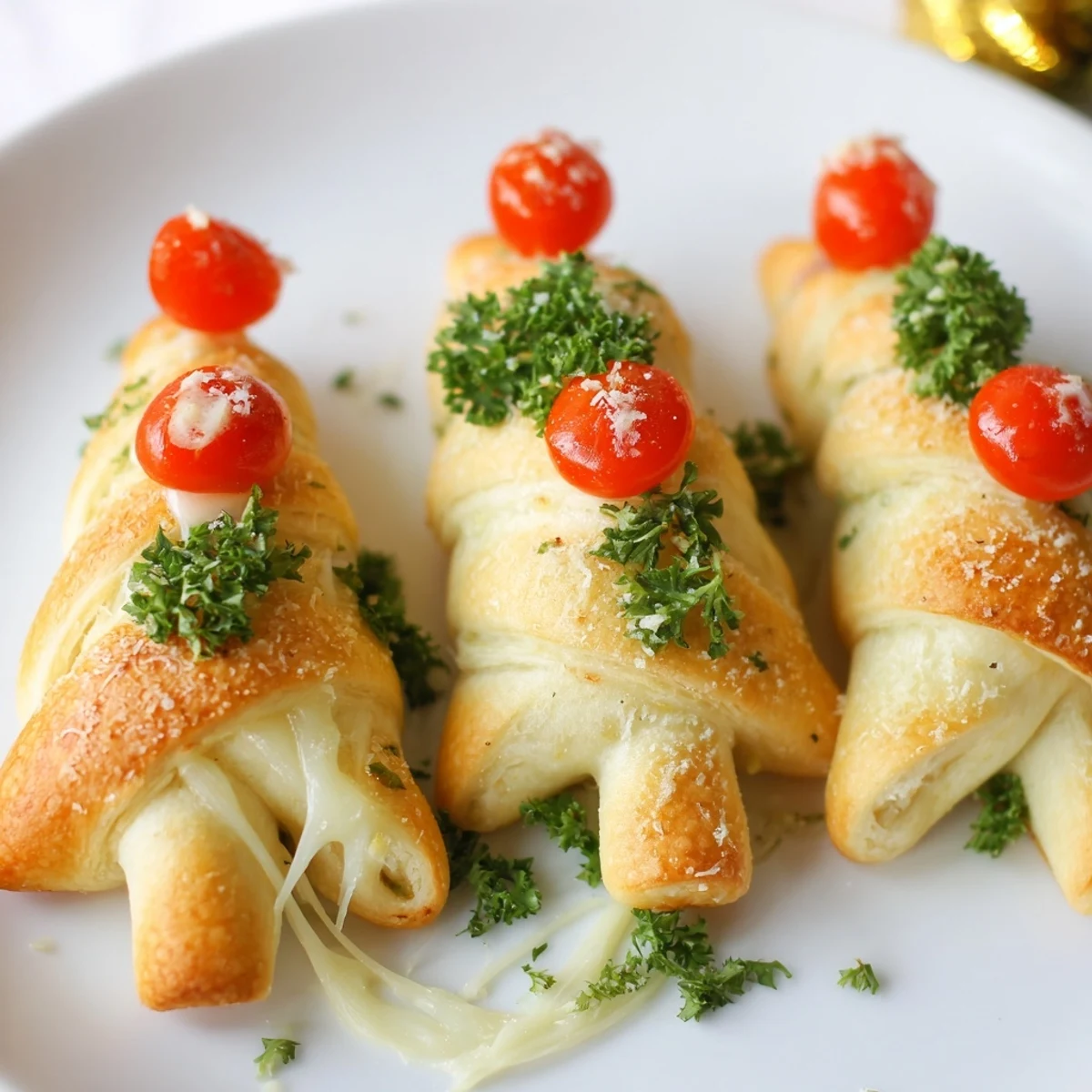 Warm, cheesy Budget Christmas Crescent Roll Trees with bright red tomato "ornaments," a delicious holiday treat.