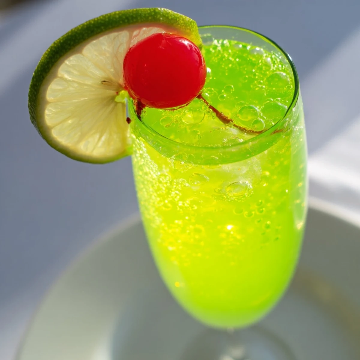 Bright green Quick Grinch Mimosa Mocktail, topped with a cherry, looks festive and refreshing for kids.