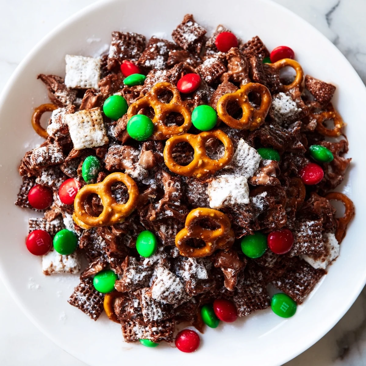 Close-up of a bowl filled with sweet and crunchy Simplified Reindeer Chow, perfect for sharing.