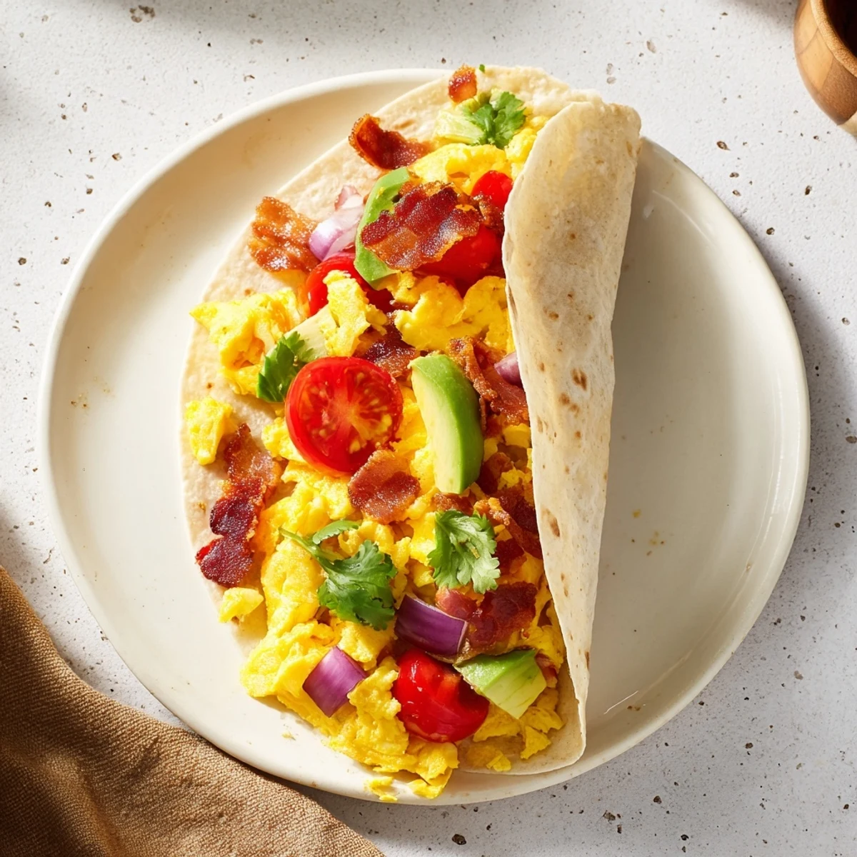 Warm flour tortilla bursting with fluffy eggs, bacon, and veggies in these easy breakfast burritos.