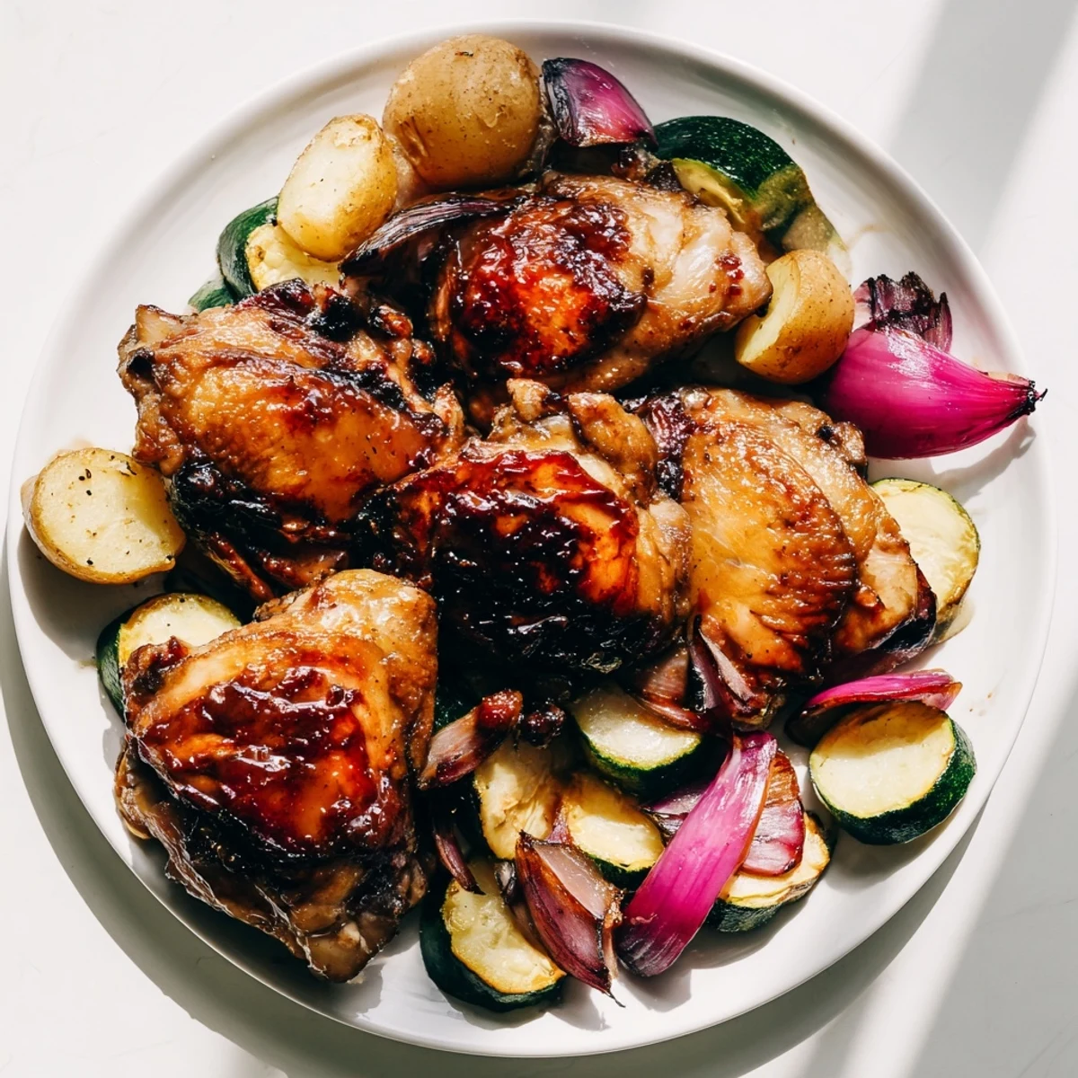 Juicy Black Garlic and Balsamic Chicken on a sheet pan, ready to serve with roasted vegetables.