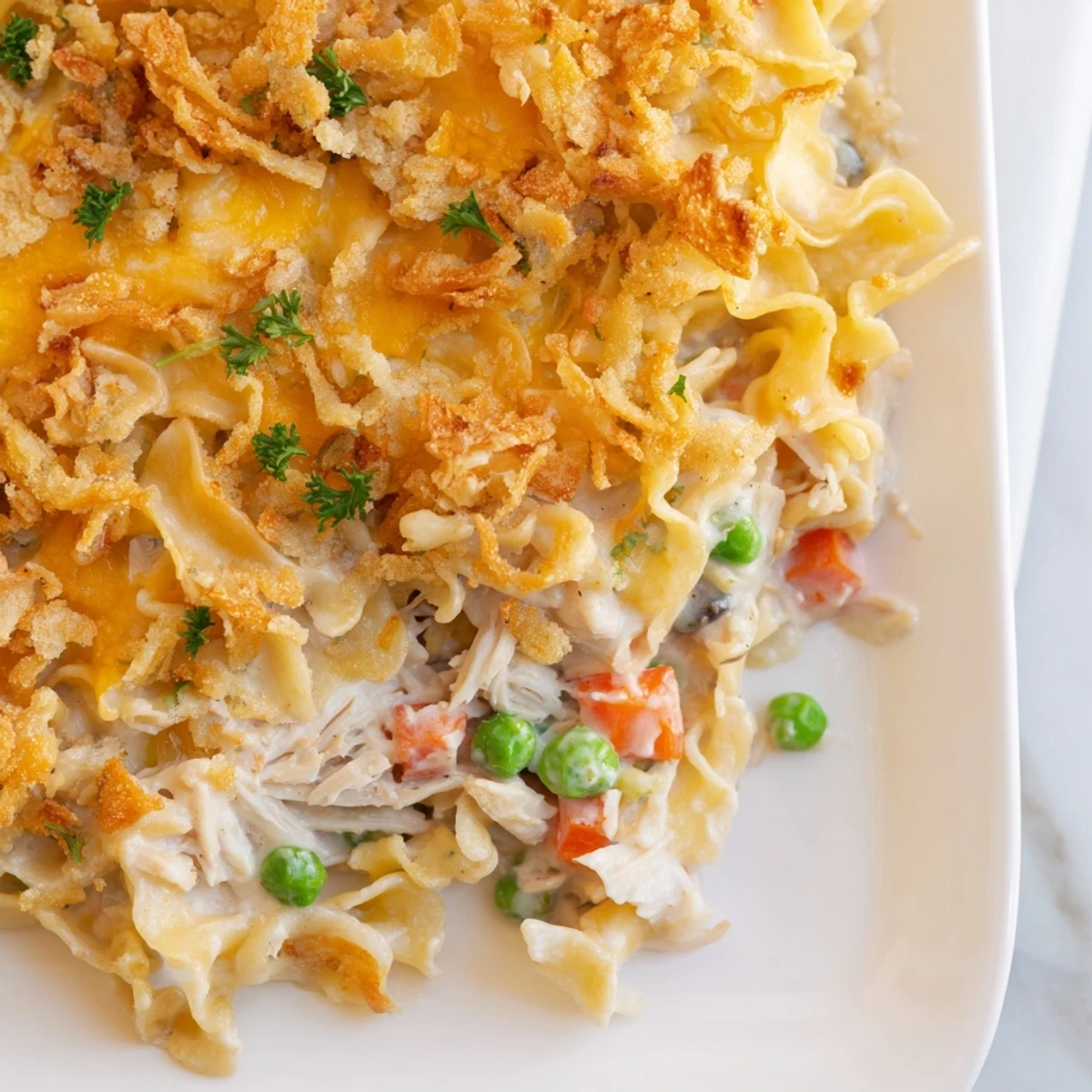 Golden baked Baked Cream of Chicken Noodle Soup Pasta, bubbling with cheesy goodness and tender chicken.
