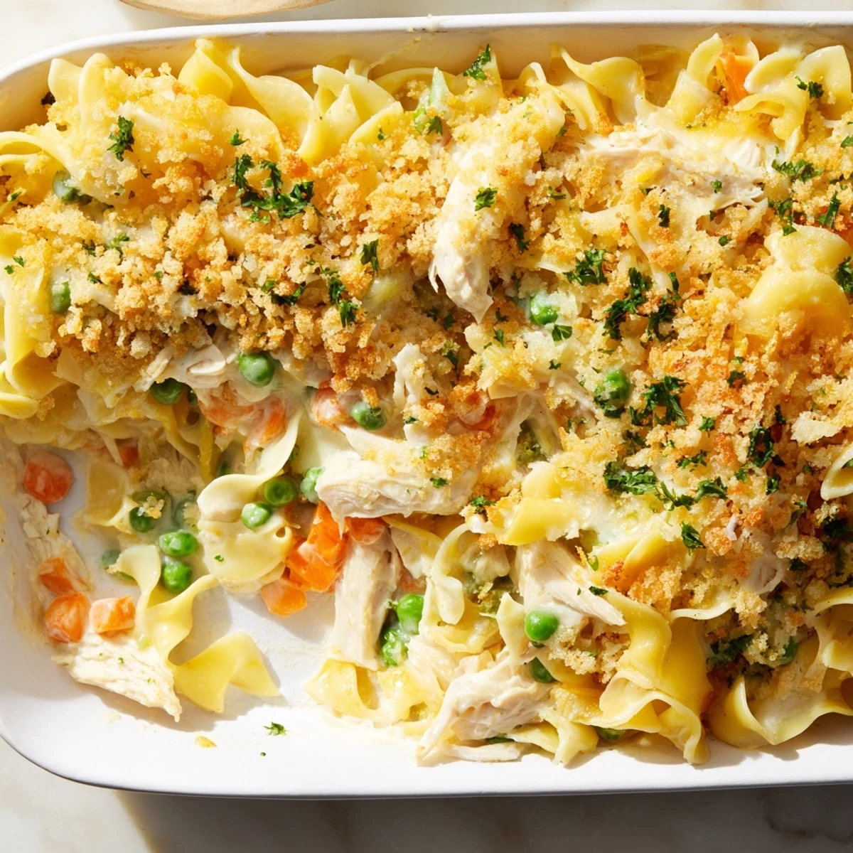 Savory Baked Cream of Chicken Noodle Soup Pasta, topped with crispy breadcrumbs and fresh parsley, ready to eat.