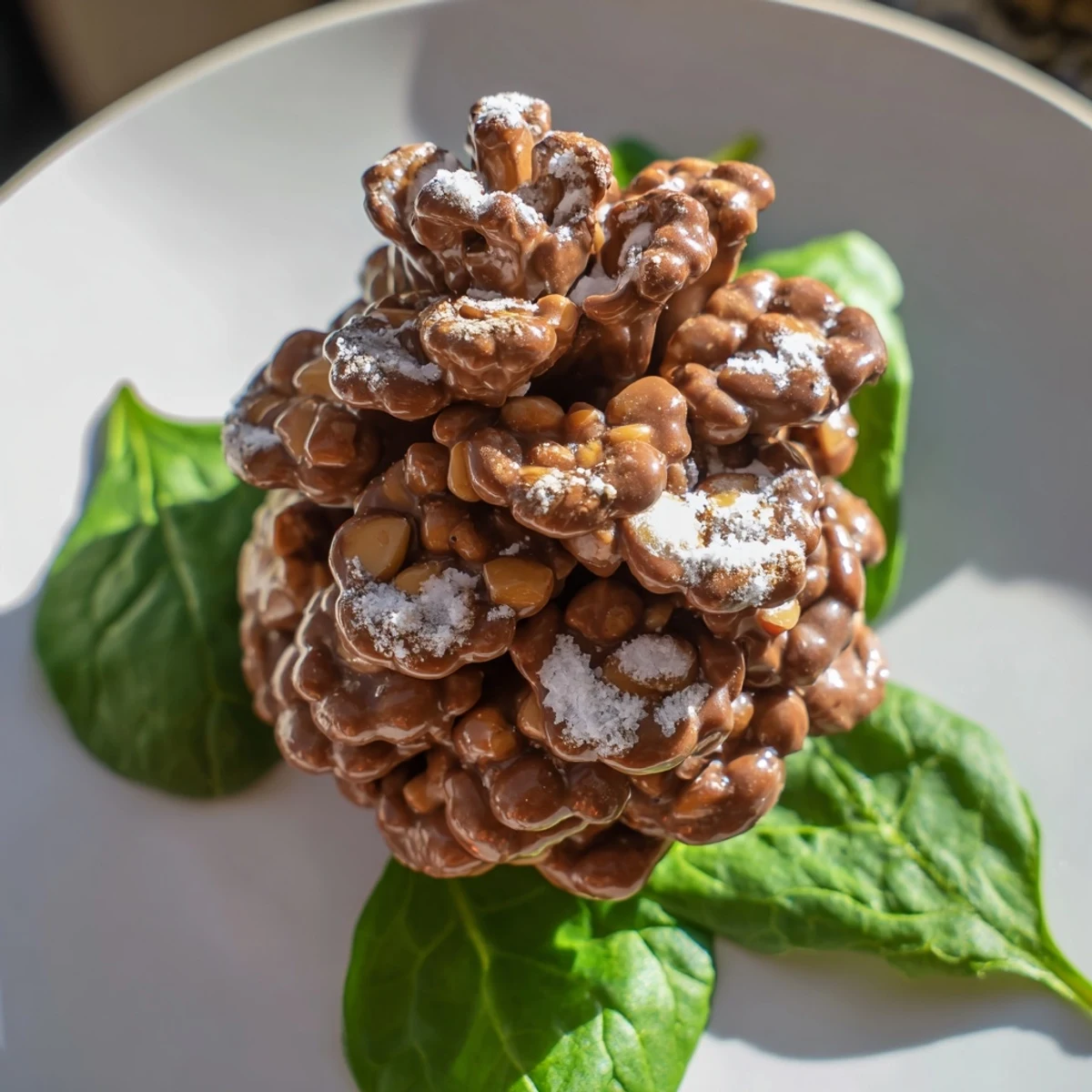 Image shows a finished, snowy dusting on the adorable Coco Pop Chocolate Pinecone Dessert Salad, a fun treat.