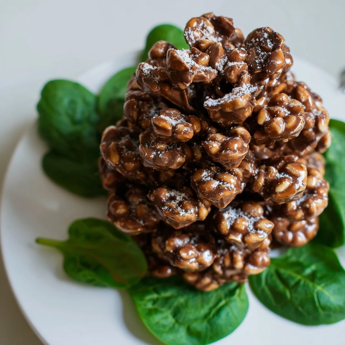 This festive Coco Pop Chocolate Pinecone Dessert Salad is arranged on a bed of fresh greens, ready to enjoy.