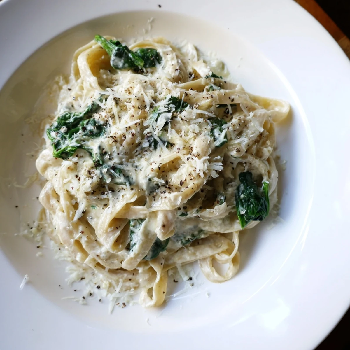 Steaming Creamy Greek Yogurt Spinach Alfredo Pasta, a vibrant plate of pasta with a rich, spinach-infused sauce, ready to serve.