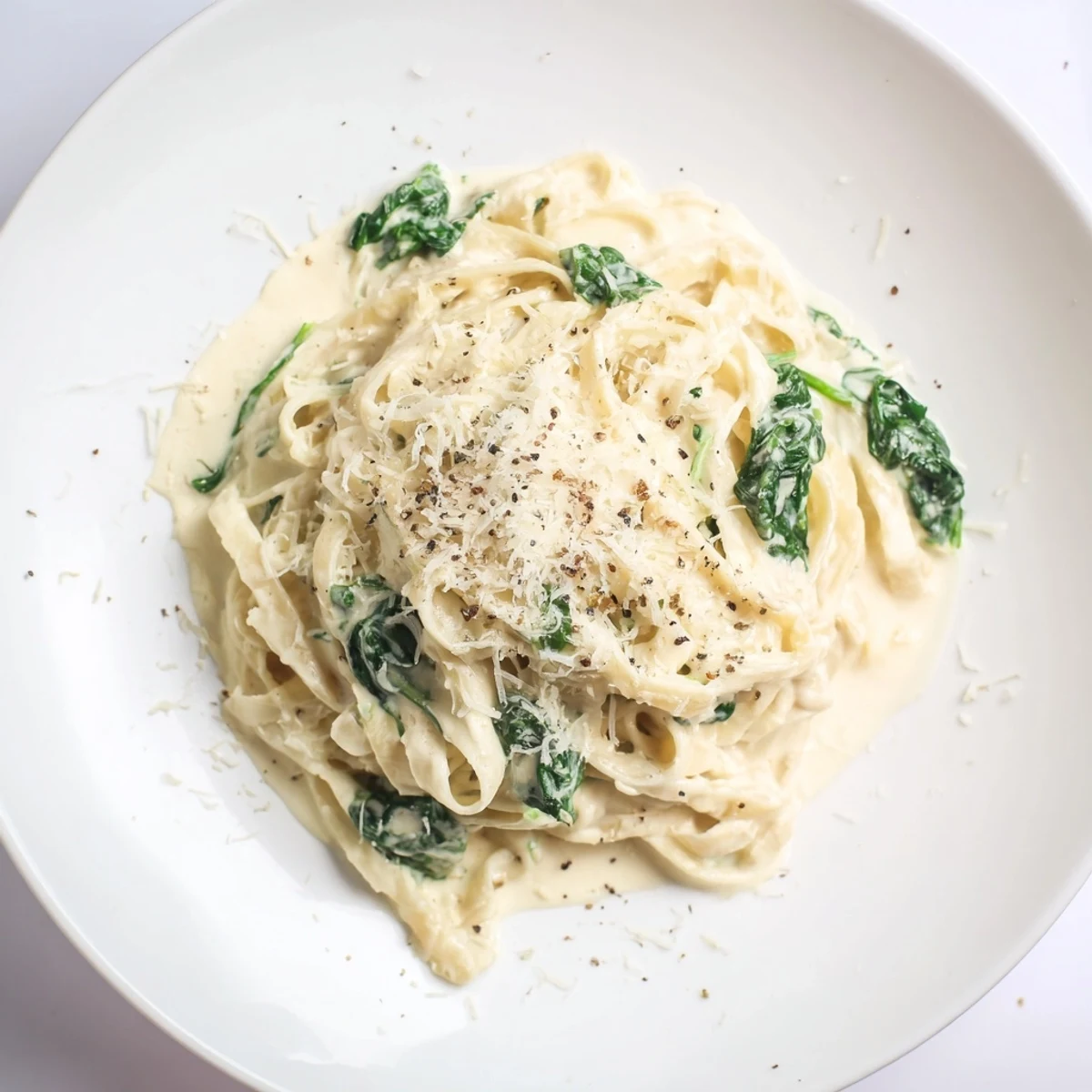 Freshly plated Creamy Greek Yogurt Spinach Alfredo Pasta boasts a swirl of creamy sauce with vibrant green spinach and grated Parmesan.