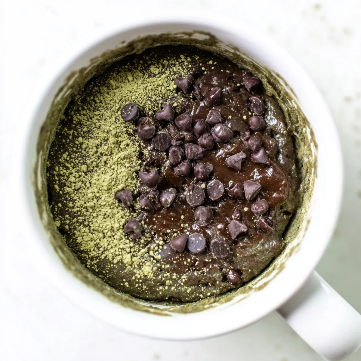 Steaming-hot Matcha Peppermint Brownie Batter Mug Cake, perfect for a cozy, single-serve treat, ready in one minute.
