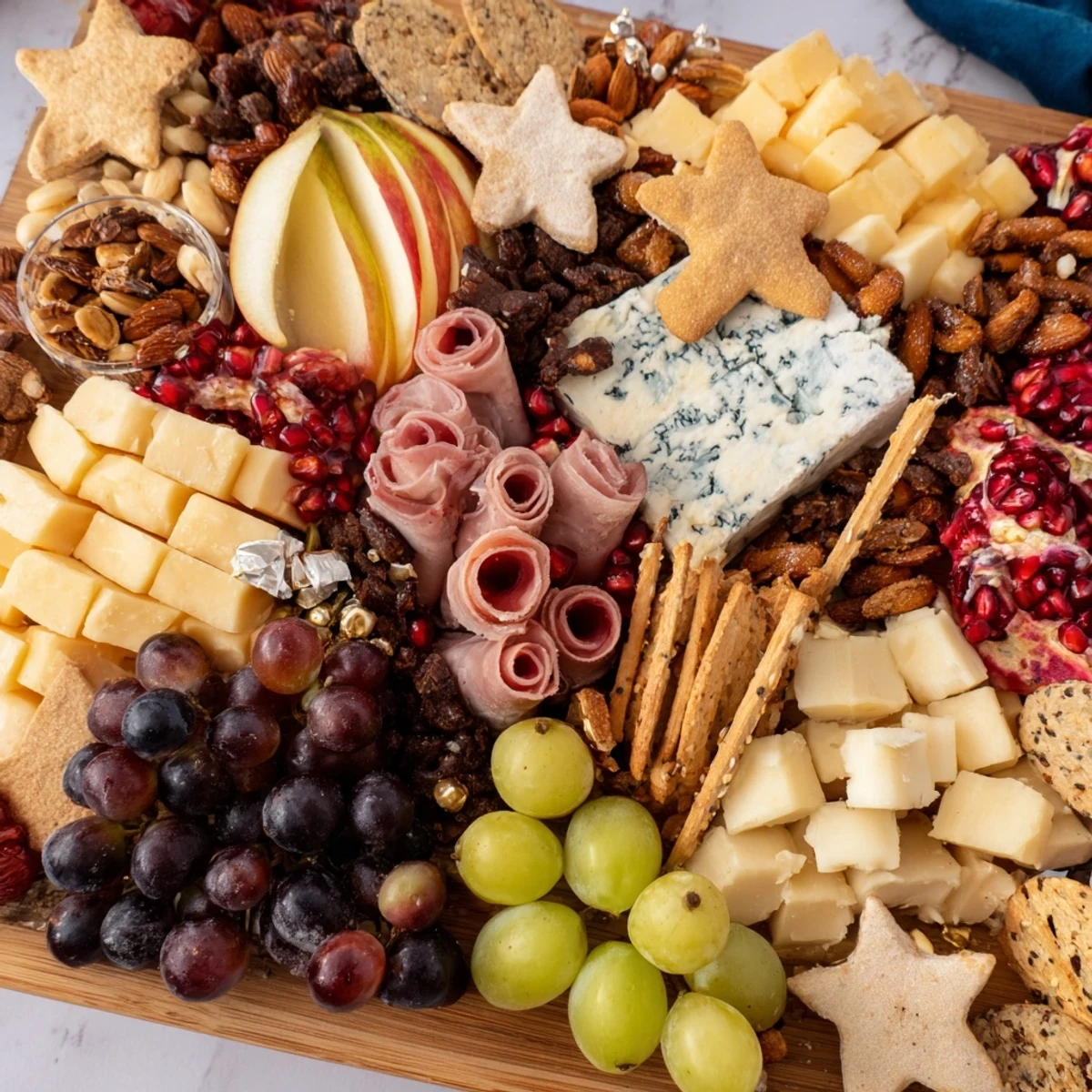 This Shining Bright Christmas board shows a visually appealing arrangement of savory and sweet treats for guests to enjoy.