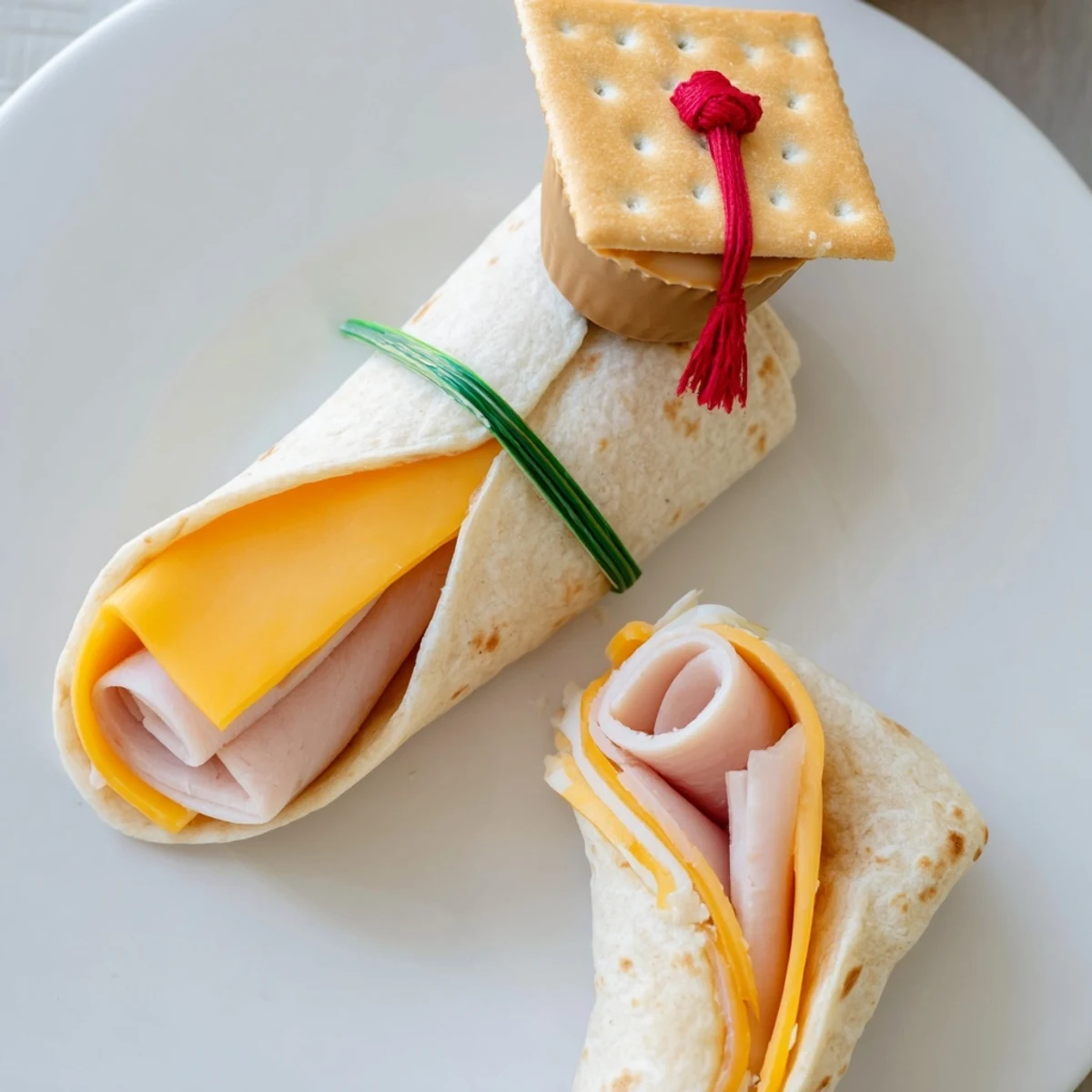 Close-up of colorful Graduation Cap Diploma Snack Wraps; a fun, festive snack with rolled savory fillings.