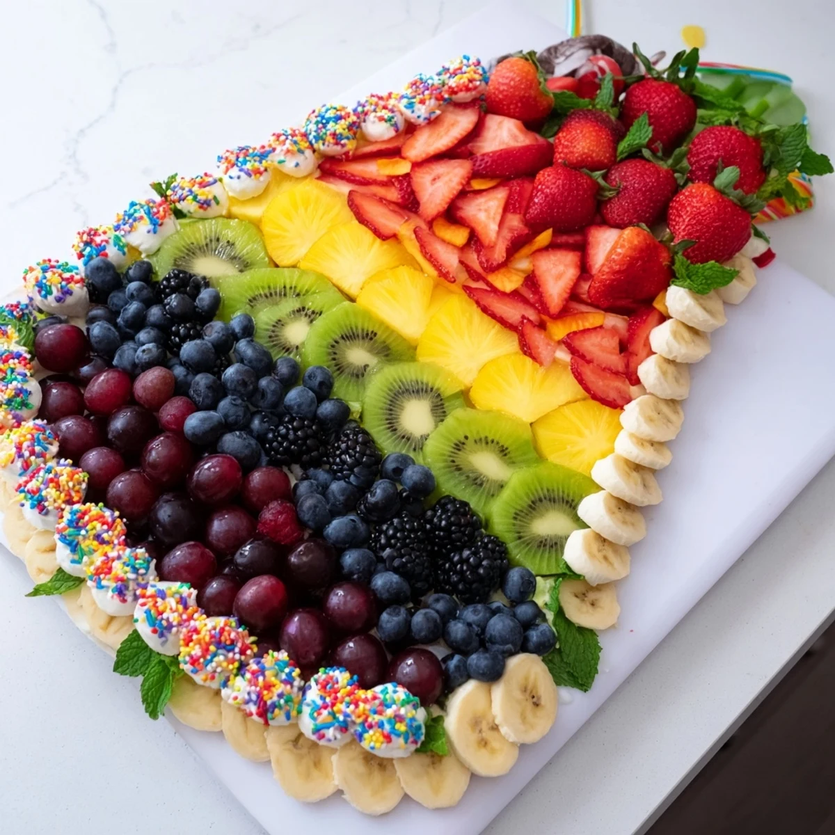 Festive Happy Birthday Cake Slice Fruit Board features layers of colorful fruit, perfect for easy party appetizers.