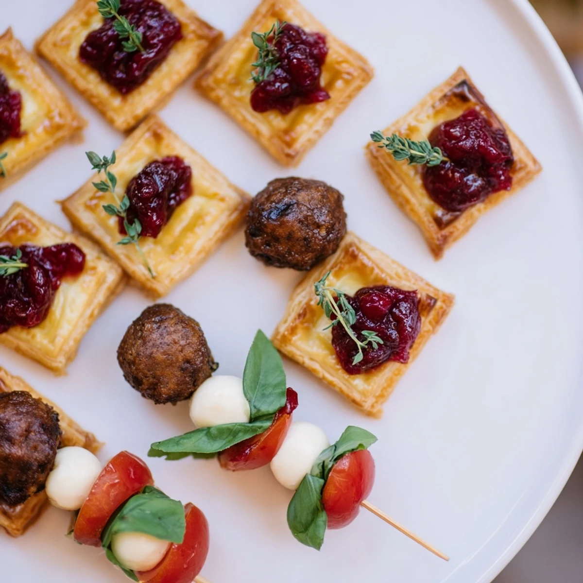 Close-up of the Joy to the World Festive Appetizer Trio, highlighting golden cranberry brie bites and colorful skewers.