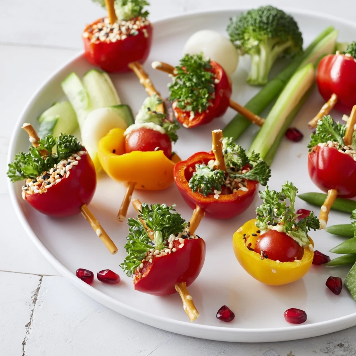 Vibrant Themed Crudités: Veggie Christmas Ornament Dippers, a colorful and festive holiday appetizer platter.