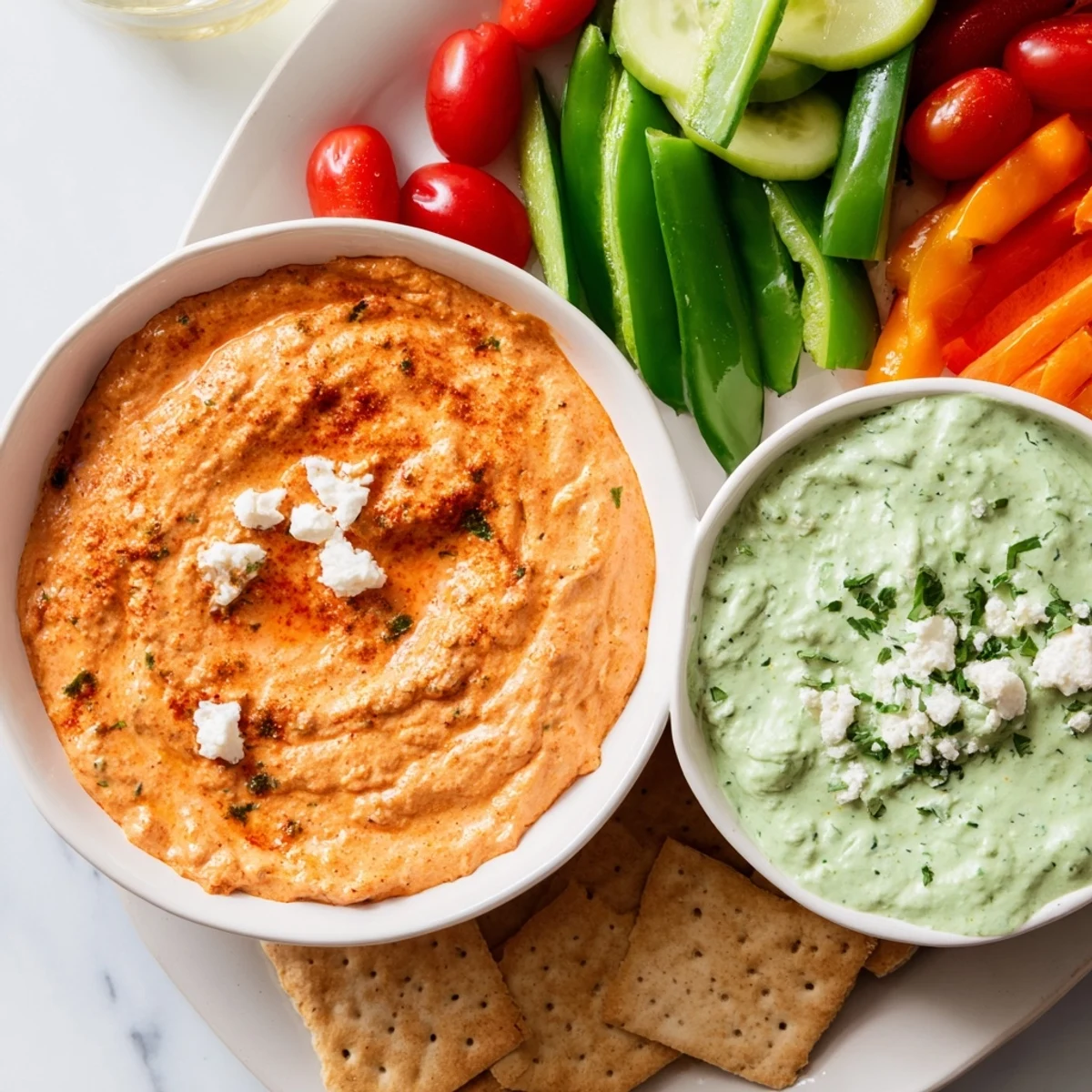 Festive Dip Duo Board: Creamy red pepper dip and vibrant green goddess dip, perfect for holiday gatherings.