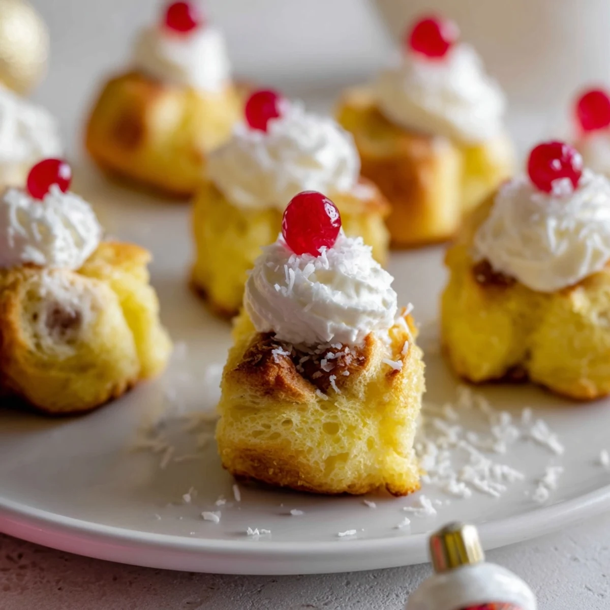 Sweet Santa Hat Bread Pudding featuring creamy whipped topping and festive strawberry halves.