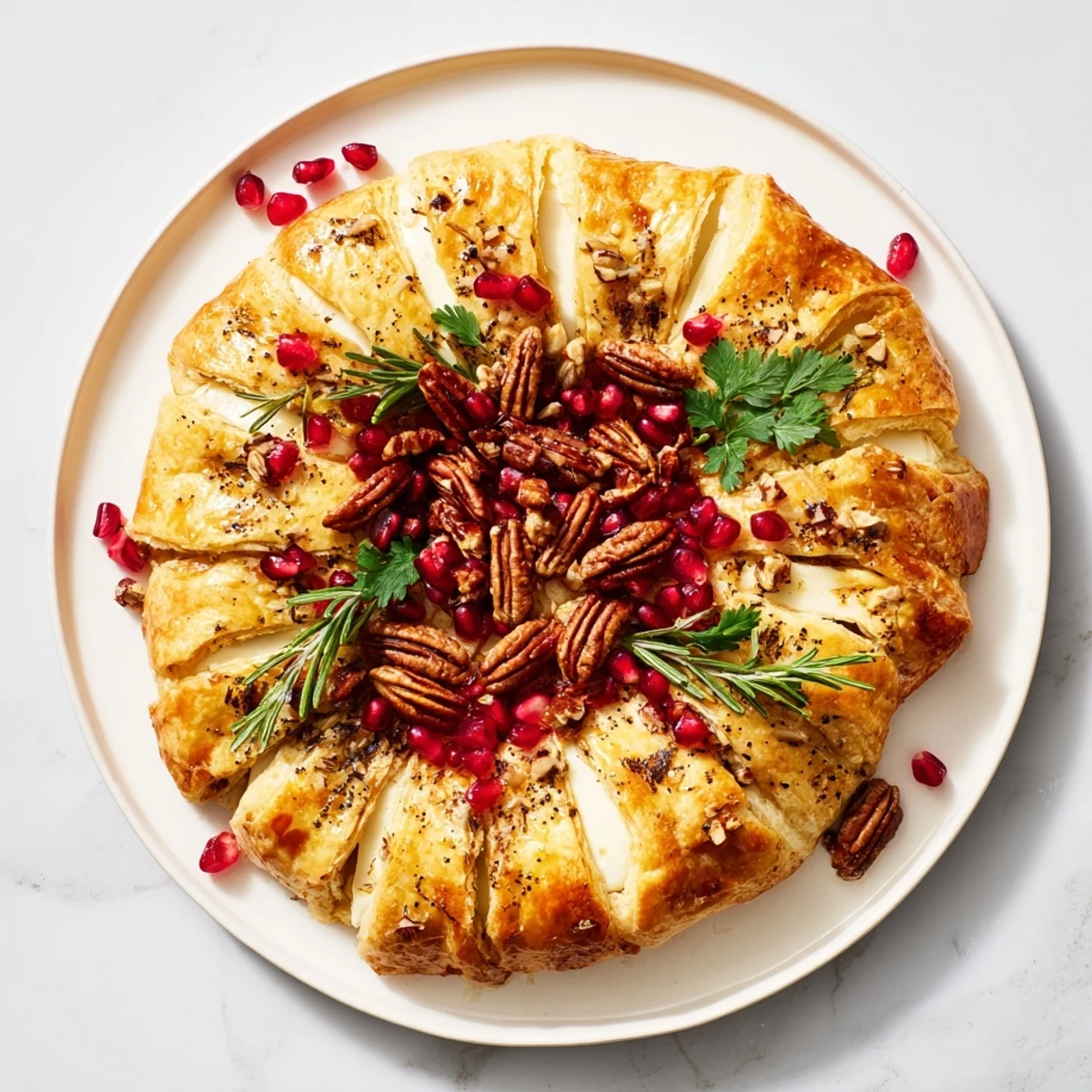 A close-up of a warm, inviting Pomegranate and Brie Wreath, ready to be served at a holiday party.