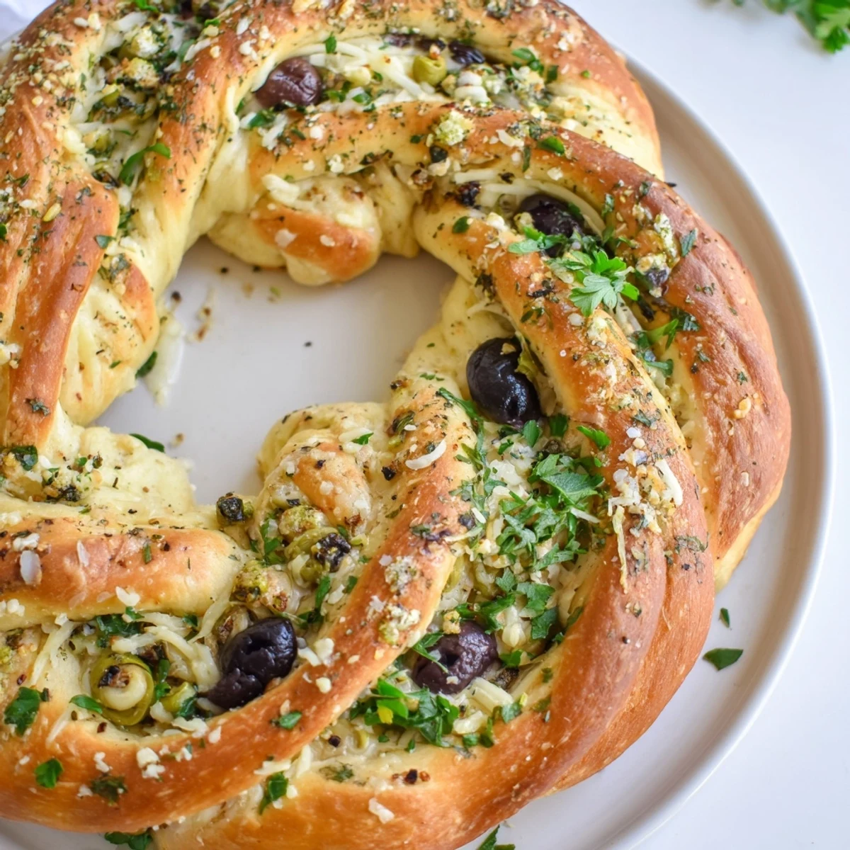 Golden-brown Savory Herb and Cheese Olive Wreath, fresh from the oven, ready to serve and enjoy.