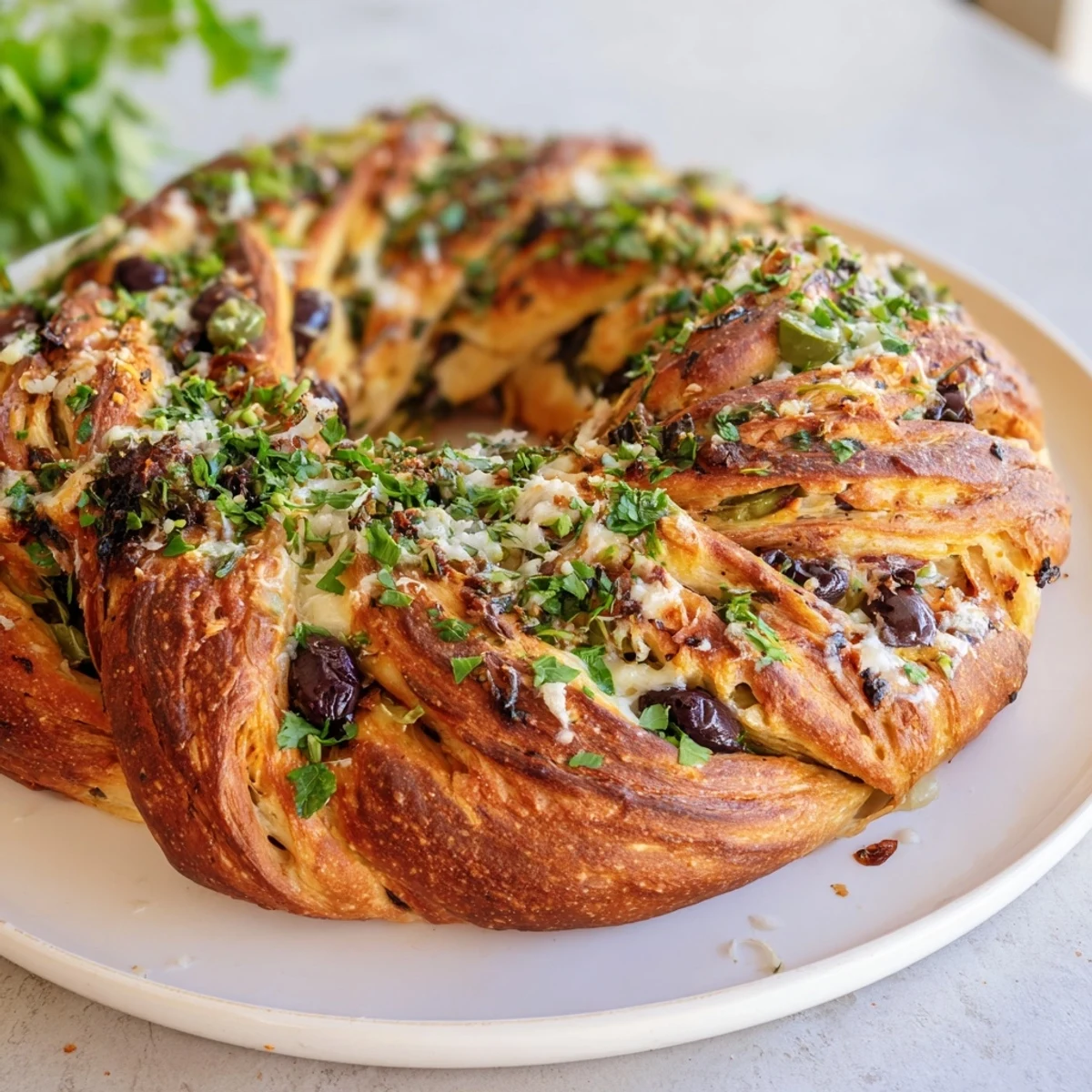 A beautiful, ring-shaped Savory Olive Wreath, featuring melty cheese and fresh herbs, perfect as a holiday appetizer.