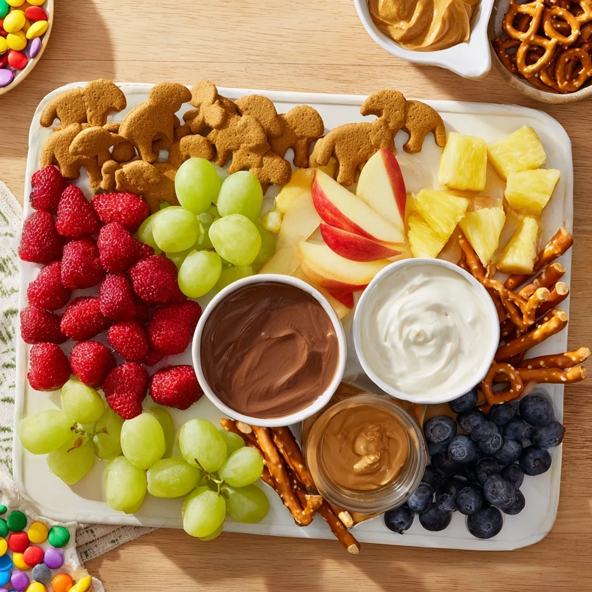 This Animal Cracker Safari Board shows a vibrant arrangement of crackers, fruit, and sweet dips for kids.