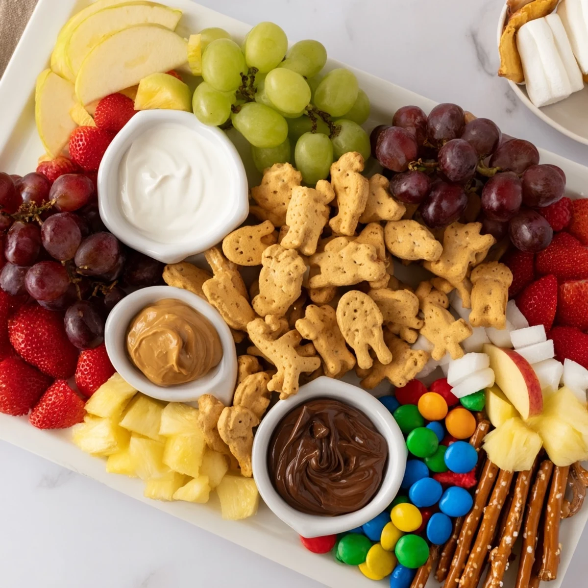 Enjoy a visually exciting Animal Cracker Safari Board: a kid-friendly platter with animal crackers, fruit, and yogurt.