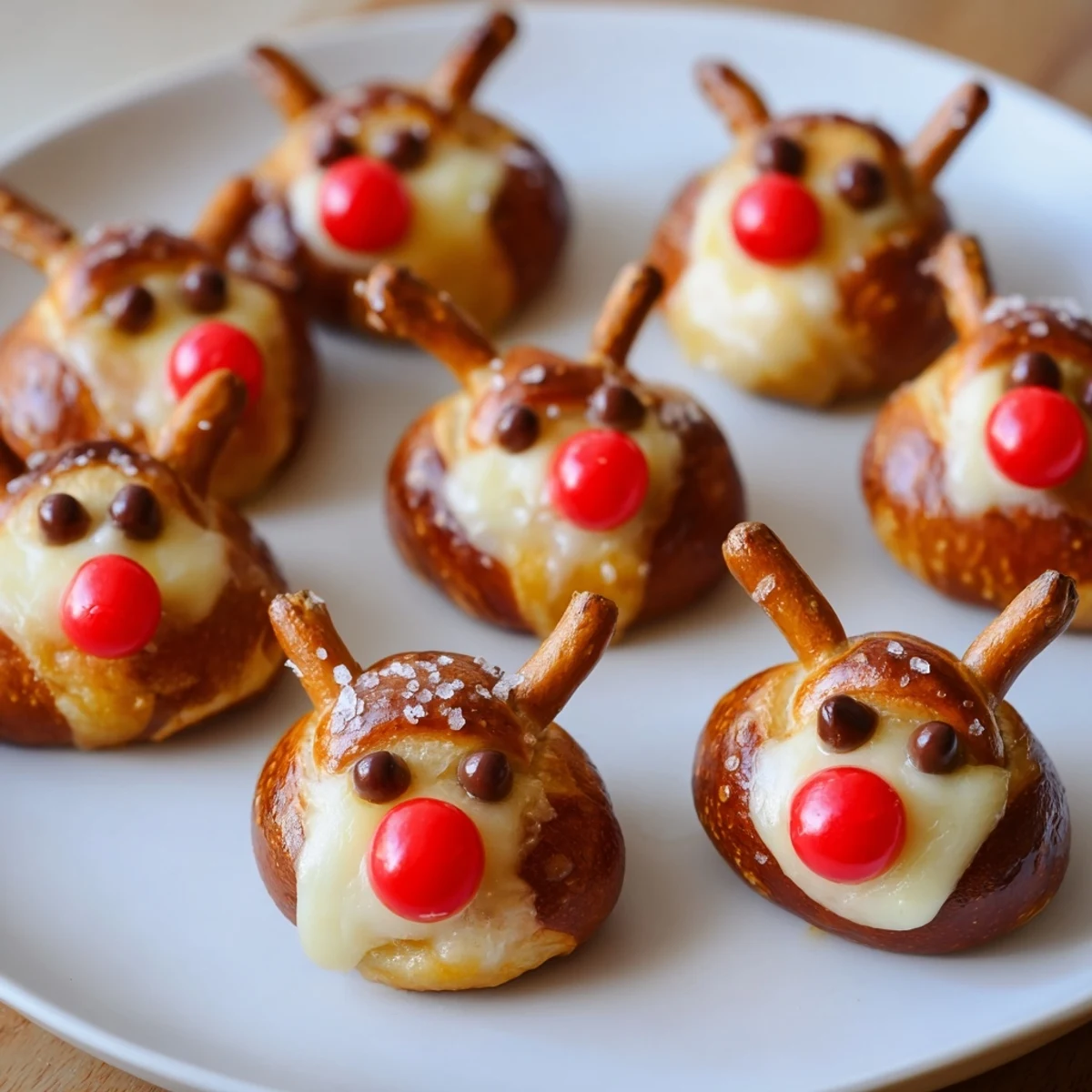 Rudolf's Red Nose Pretzel Bites, warm and cheesy with a bright red candy nose, festive treat.