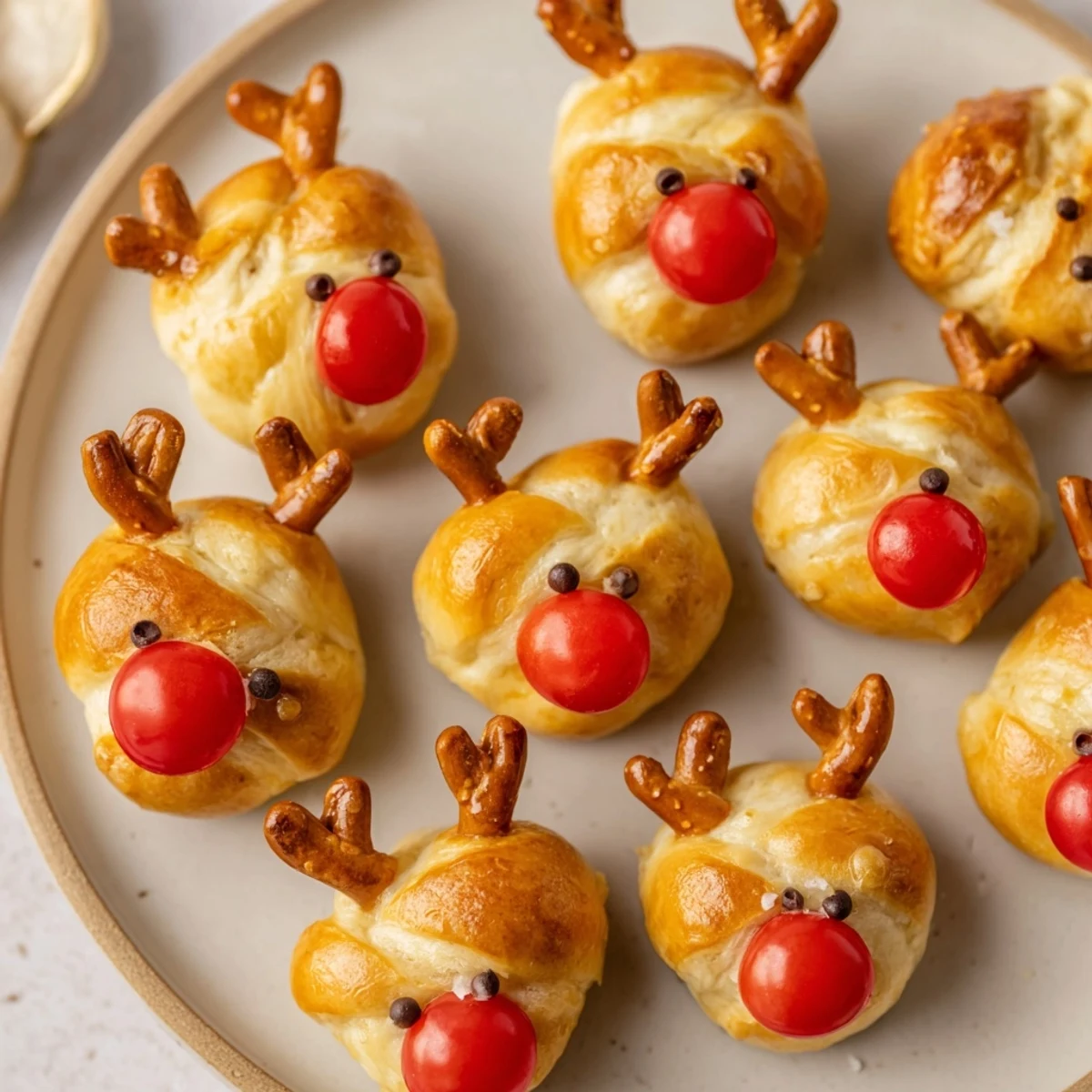 Golden-brown Rudolf's Red Nose Pretzel Bites: soft pretzels with cheese and fun, edible decorations.