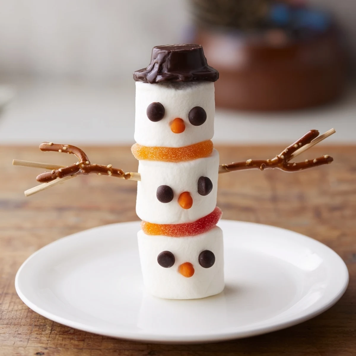 Marshmallow snowman sticks arranged, showing sweet, playful treats decorated with chocolate facial features.