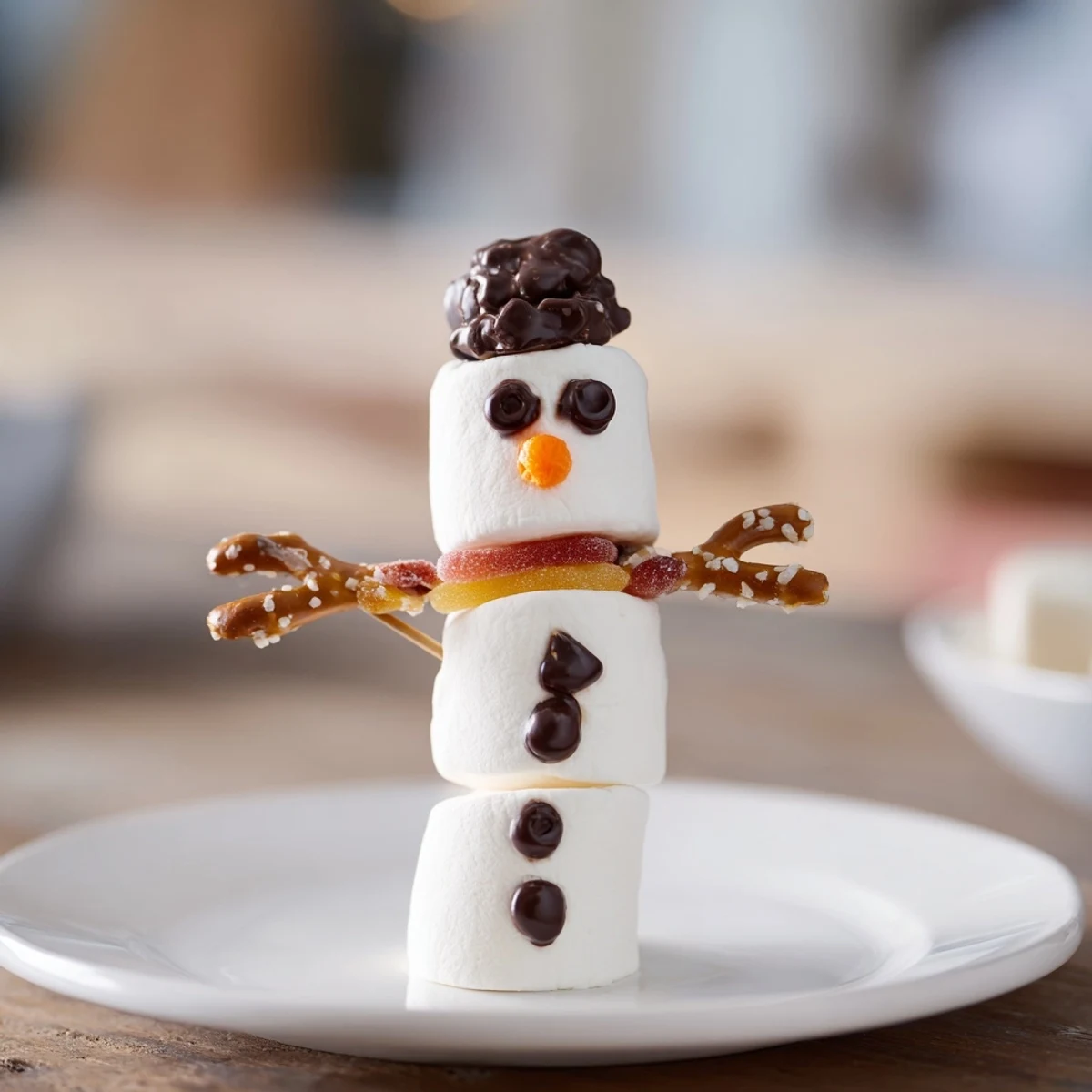 Homemade marshmallow snowman sticks, ready to eat, with pretzel arms and colorful gummy scarves.