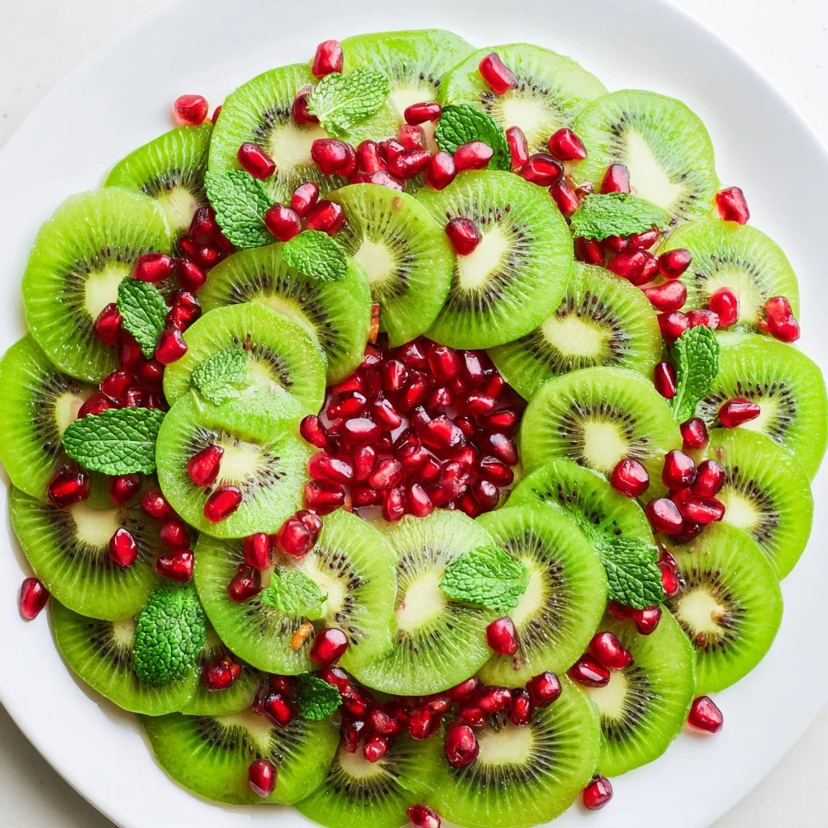Kiwi and pomegranate Christmas wreath: a vibrant, festive fruit platter ready for the holidays.