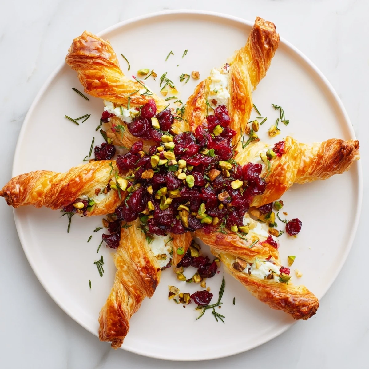Warm Cranberry Christmas Star, freshly baked pastry radiating with vibrant cranberries and cheese.