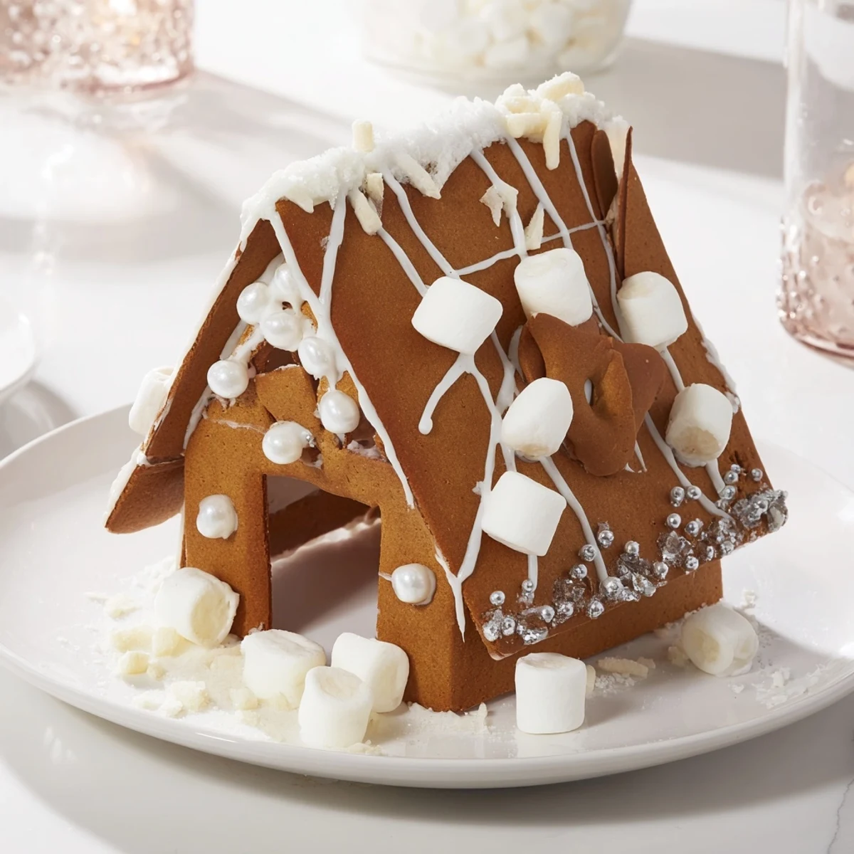 This beautifully decorated gingerbread house frame, with edible details, promises a deliciously tempting sugar-cookie experience.