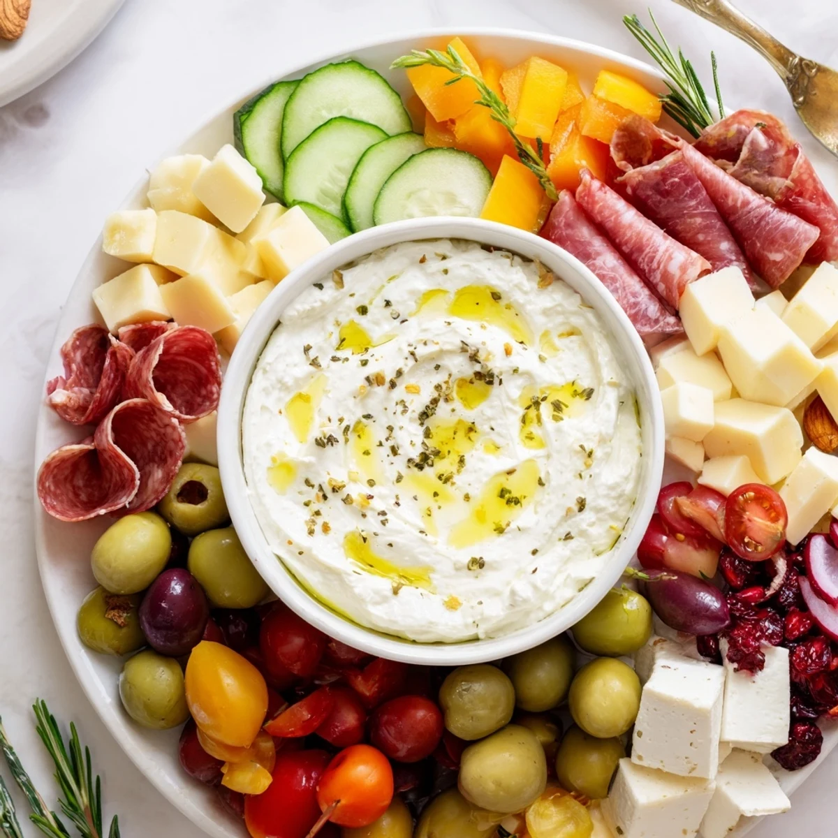 Visually stunning evergreen wreath board appetizer with a creamy dip centerpiece and vibrant, fresh ingredients.