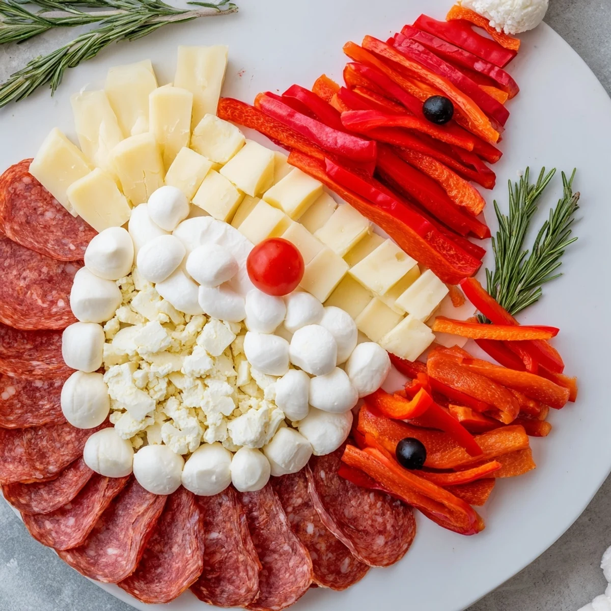 Festive "Santa's Beard and Hat Board" charcuterie, with creamy white cheeses creating a fluffy beard.