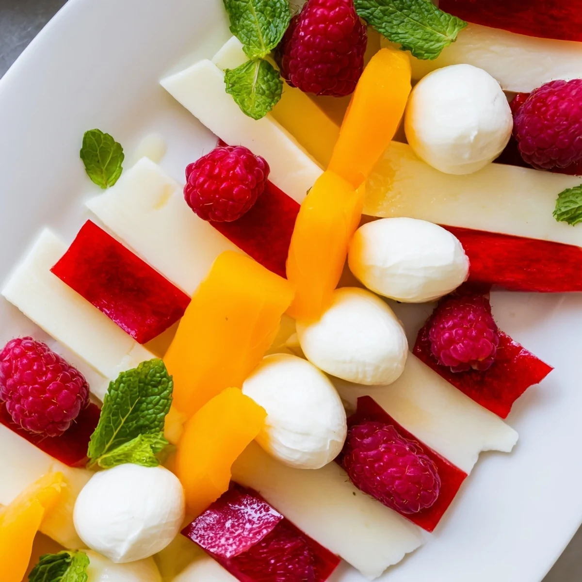 Peppermint Stripe Celebration platter with vibrant red berries and creamy, fresh mozzarella balls.