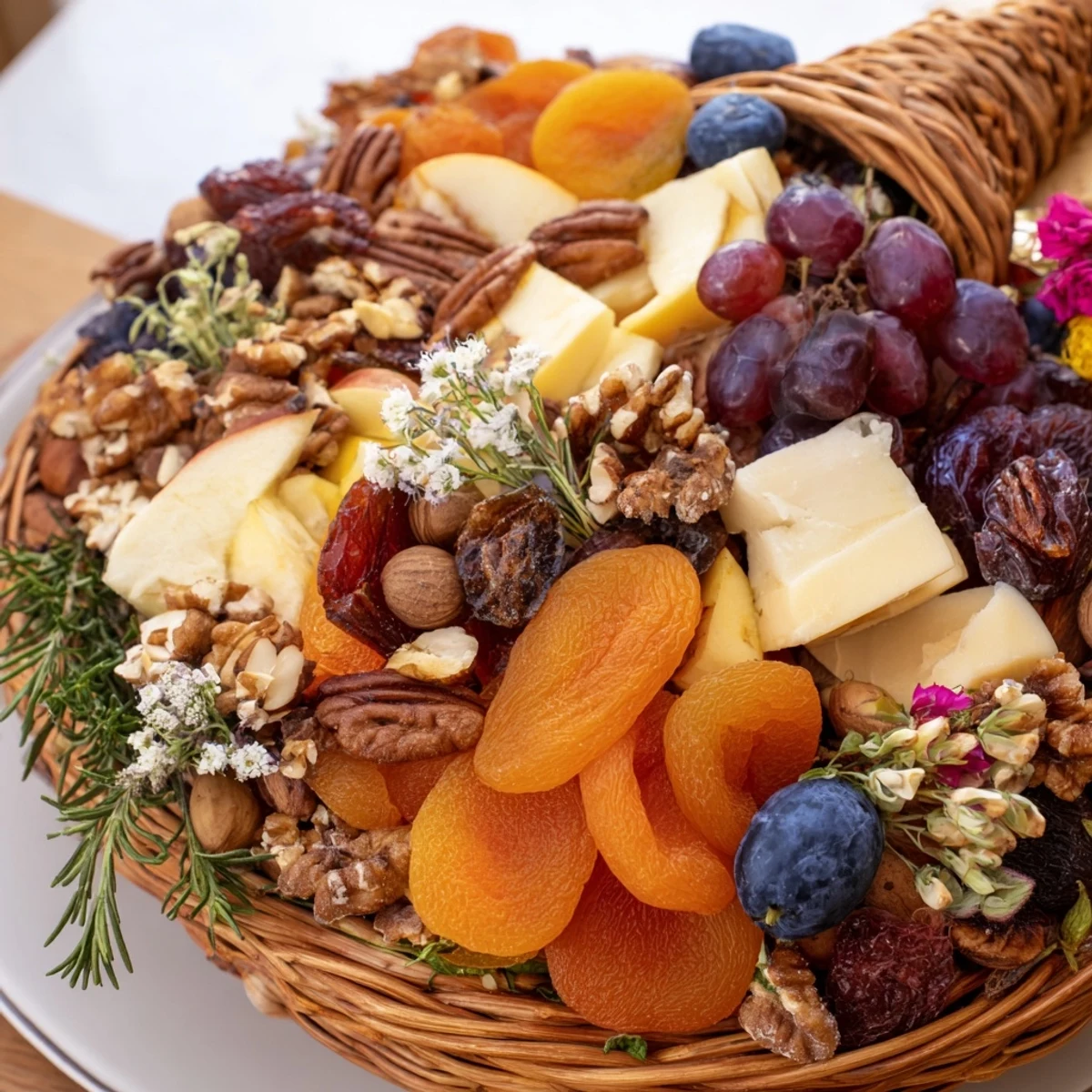 An Autumn Harvest Horn of Plenty overflowing with colorful dried fruits and artisanal cheeses.