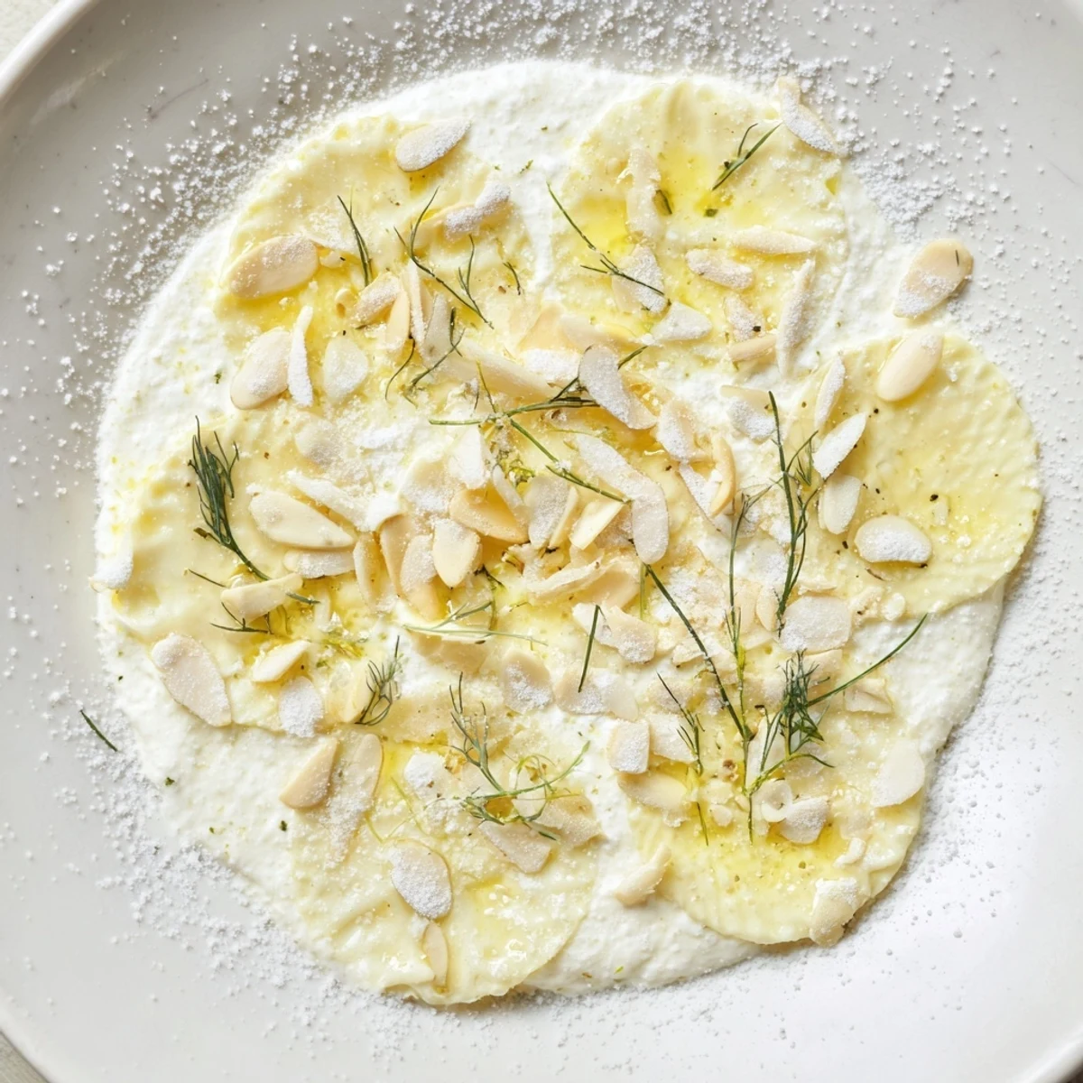 Detailed view of the Snowy Pinecone Centerpiece: a holiday appetizer with almond "scales" and snowy dusting.