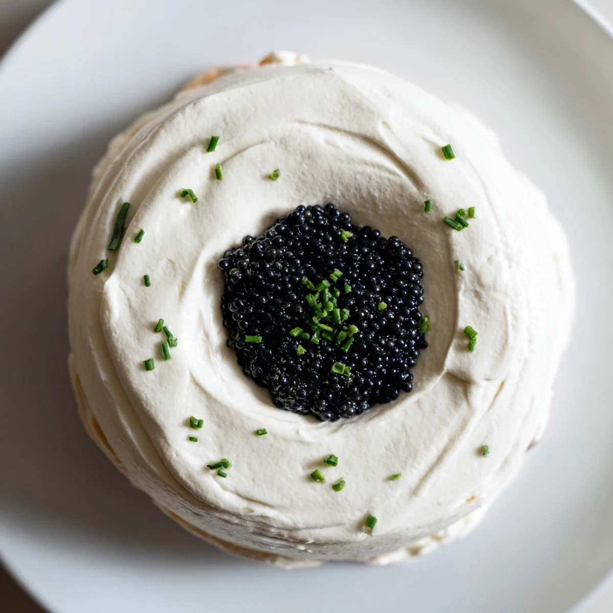Elegant The Diamond Inlay appetizer, featuring creamy cheese, black caviar, and fresh chives, ready to serve.
