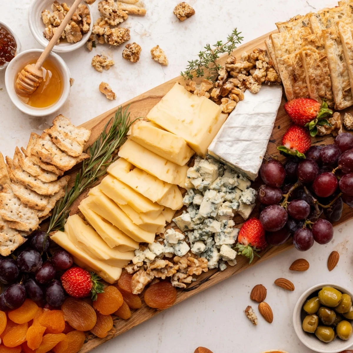Abundant and inviting, this delicious The Waterfall Edge Grazing Board has fruits and nuts cascading down.