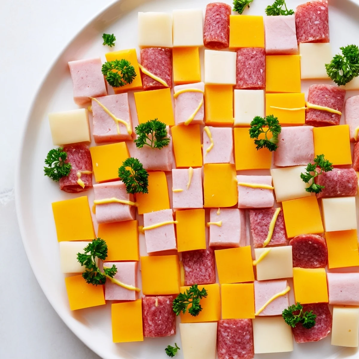 Ready-to-eat The Patchwork Quilt, an attractive appetizer with various cheeses and cured meats.