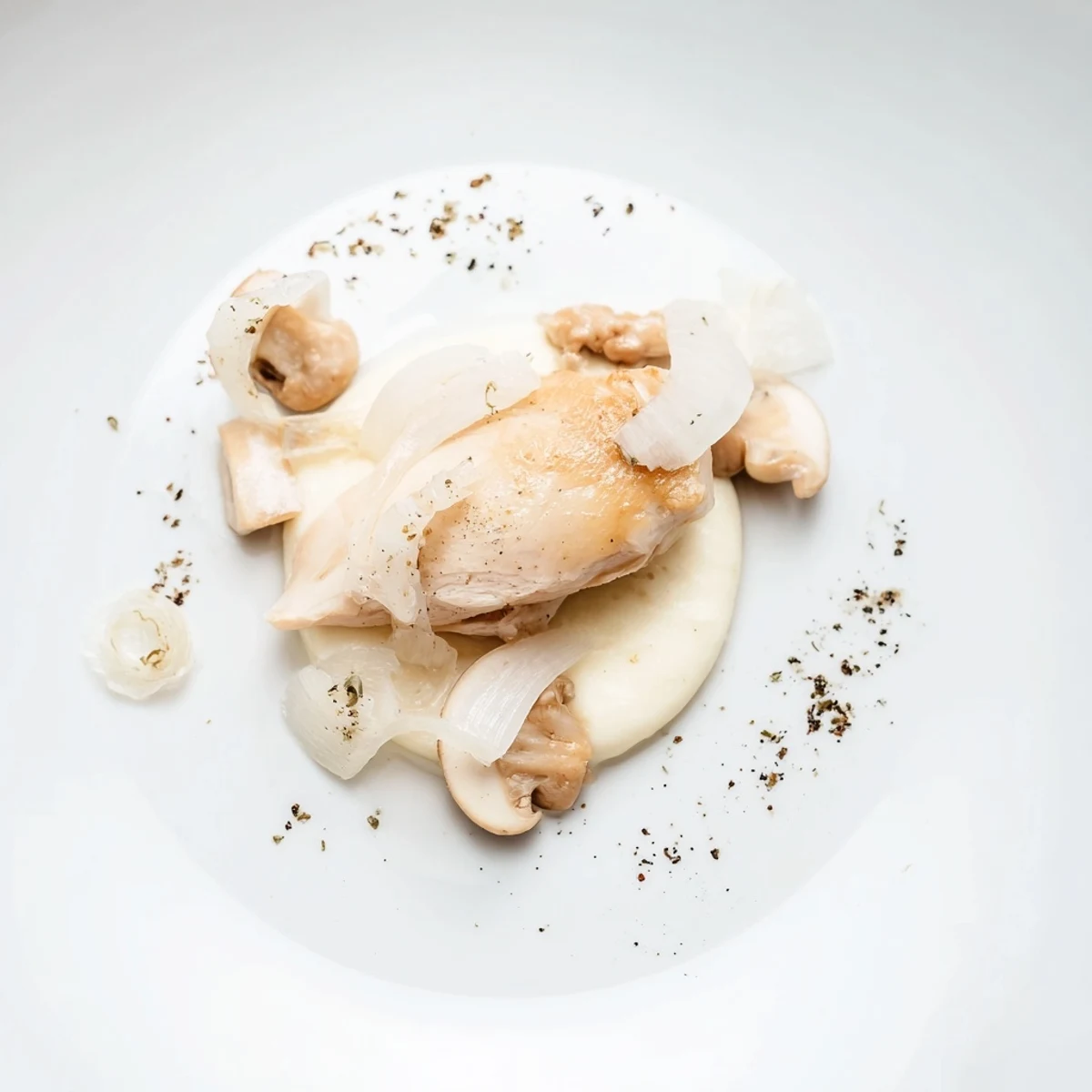 Imagine a plate of the Ghostly Gala: tender chicken, mushrooms, and pepper shadows over creamy white.